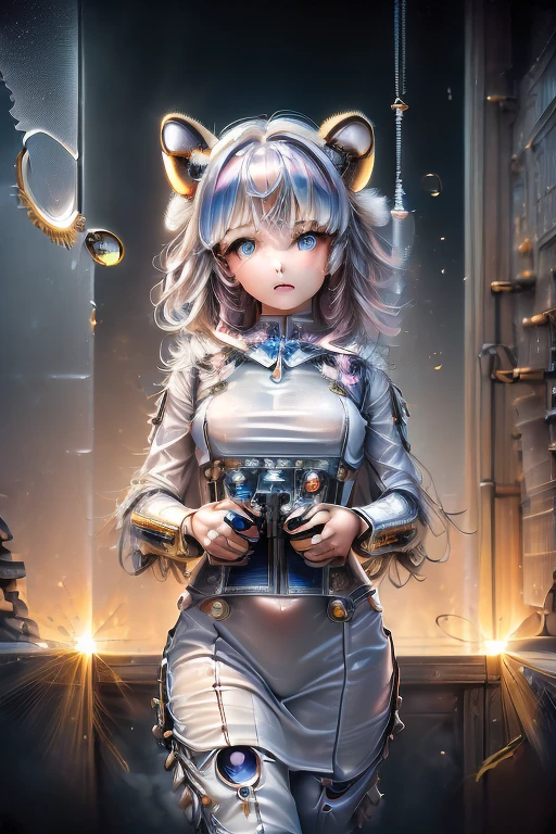 (SFW:2), photorealistic, realistic photo, 8k, ((highest quality)), ((masterpiece)), (extremely detailed), kukolnydom, doll, mecha musume, mechanical parts, robot joints, head gear, bodysuit, (cowboy shot, mature woman, 21yo, 21_years_old, solo:1.6), (wielding blaster gun, ruins, plastic skin, looking on viewer, medium breasts, medium hair, glass eyes, gradient eyes, shining eyes, detailed eyes:1.3)