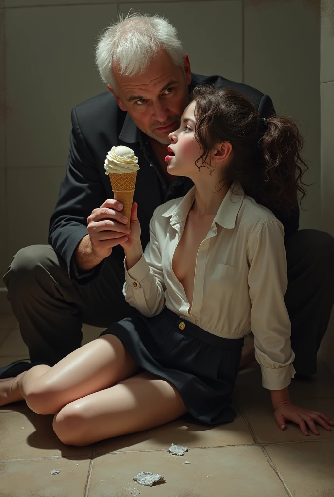 (masterpiece), best quality, (((old man in blue suit stands beside nude naked girl who holds a tray of drinks))) and has blue eye and medium breast and nipple and vagina and blond chignon hair and earring and bowtie and shirt cuffs and black stockings, kitchen setting, chef in background ,