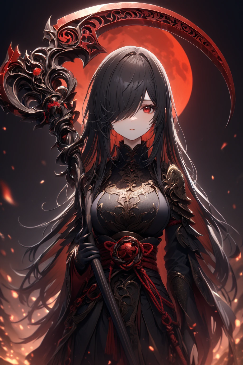 Cowboy Shot, 1girl, Solo, Looking at viewer, Shy, Cute, Red Eyes, Empty Eyes, Expressionless Eyes, Black Hair, Very Long Hair, Straight Hair, ((Hair Over One Eye, Swept Bangs:1.5)), Petite, good_hands, Large breasts, Pale Skinned, Slender, Curvy, ((Ninja)), Holding a DonM5cy7h3XL, scythe, Standing, Japanese Background, Red Moon, Dark Night, Dark Lighting, Masterpiece, 4K, Best Quality, High Resolution, Accurate, Award Winning, (SuperQuality:1.0) ~ (SuperQuality:1.2)