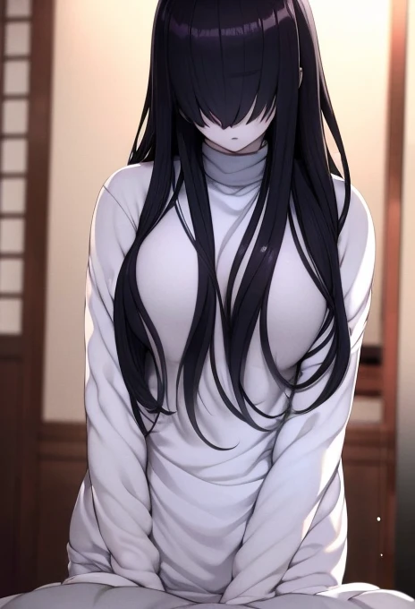 Both eyes hidden，ghost，White skin，Grayish skin，Dark pale skin，Both eyes hidden，Long Hair，Long Hair，Black Hair，White kimono，Super big breasts, Expressionless,Cold look，A fascinating body,indoor, whole body，night，Dark Room，