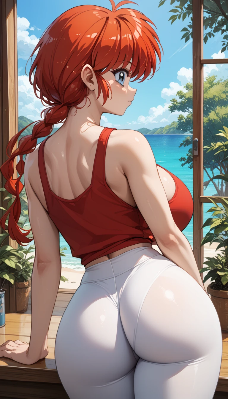 (ranma chan) (ranma saotome)(1solo)(1girl)((Solo)) ((Masterpiece)) ((High Quality)) (slim thick)((Perfect Face)) ((Huge Breasts)) ((Wide Hips)) ((Narrow Waist)) ((Beautiful)) ((Redhead)) ((Long Hair)) ((Light Skin)) ((Cute Nose)) ((BLue Eyes)) ((Young)) ((red tank top))((Tight white yoga pants)) Anatomically Correct, a perfect body sexy beautiful girl with large breast and huge ass (thick thighs:1.6)(from behind:1.9)