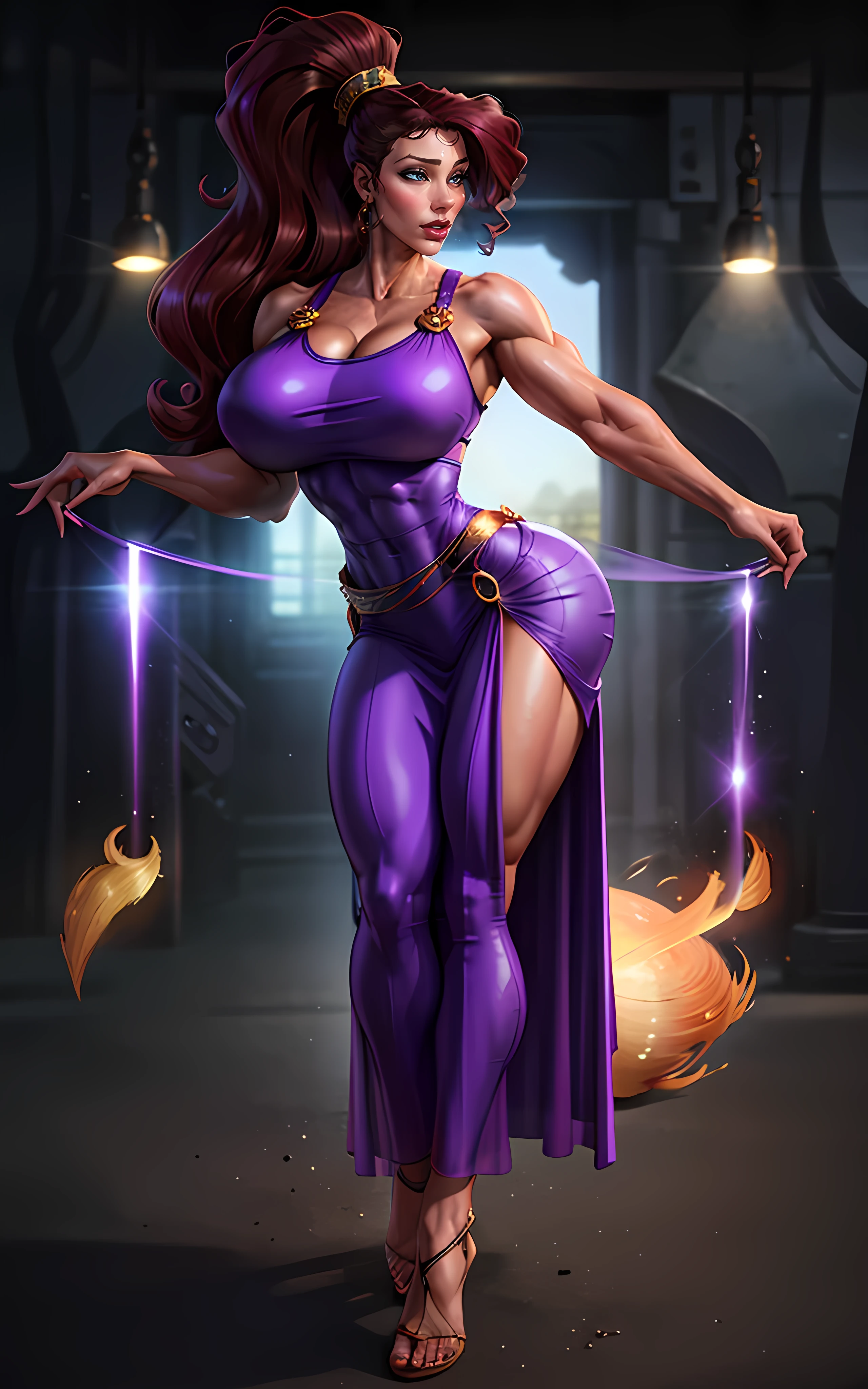 1girl, full body of beautiful megara, ((MASSIVE FEMALE BODYBUILDER)), ((HUGE BREASTS)), bare shoulders, erotic transparent long purple dress, looking at the side, volumetric lighting, best quality, masterpiece, realistic