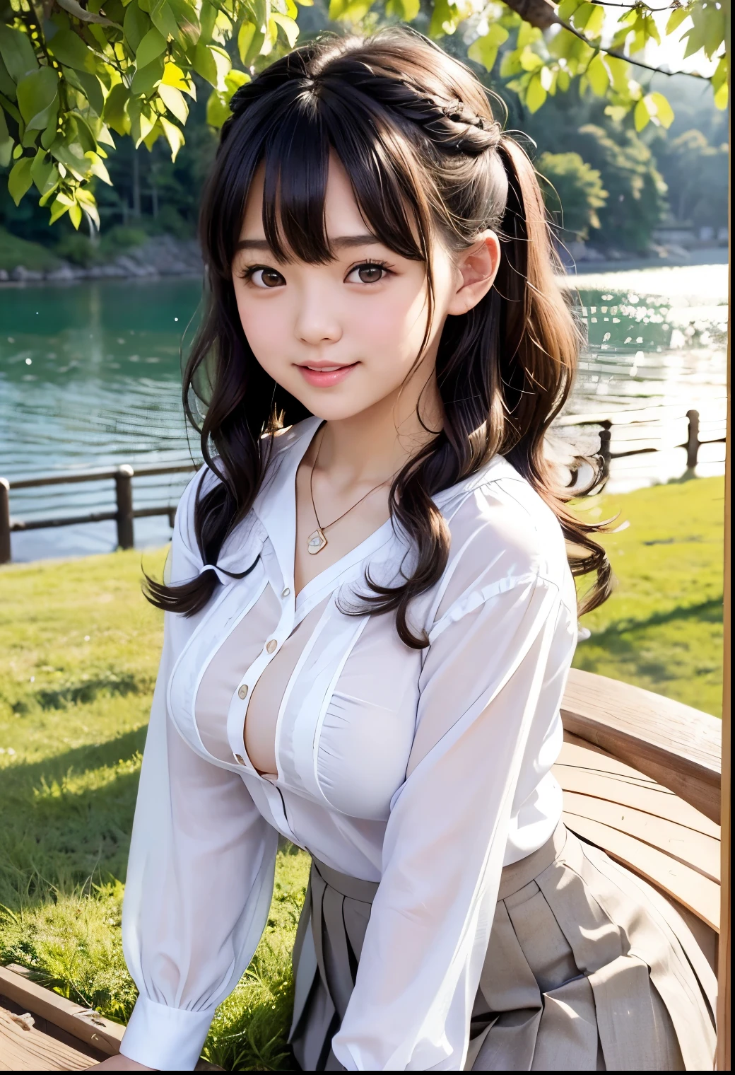 (Highest quality,masterpiece:1.3,Ultra-high resolution),(Very detailed、Caustics) (Realistic:1.4, RAW shooting、)Ultra-Realistic Capture、Very detailed、Natural skin texture、masterpiece、(A Japanese  wearing a blouse and pleated skirt:1.3)、Adorable expression、Expressions of happiness、10 years old、height: 1ce、Pure girl、Amazingly cutel hairstylair、ribbon、Black Hair、Large Breasts、Shining thighs、Shining ass、necklace、Shade by the lake、Background details、smile、An inviting gaze、(Anatomically correct)、Cowboy Shot、Attention to detail、Lift the breast with both hands、