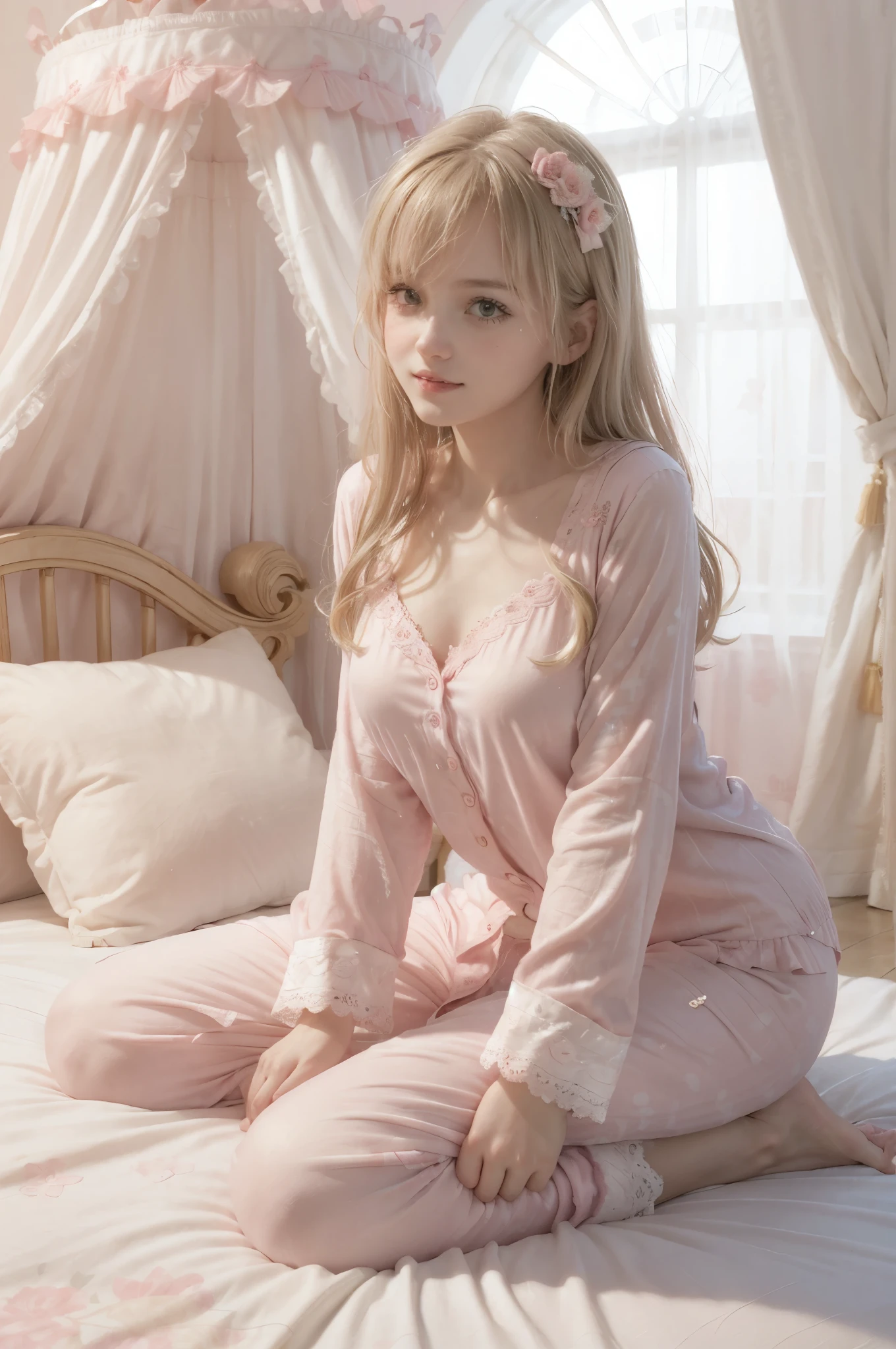 photo of mariya with long blonde hair, bang, NSFW, (petite:1.4), wearing (pink pajamas:1.3), sitting on bed in a cute girly bedroom adorned with pastel hues and playful decor. The walls are painted in soft pinks or lavender, with a delicate floral or heart-patterned wallpaper as an accent. A canopy bed with sheer, flowy curtains creates a dreamy atmosphere. Plush stuffed animals and fluffy throw pillows in various shades of pink adorn the bed,
realistic, photorealistic,
High quality, RAW photograph, detailed background, intricate, highly detailed, sharp focus, high resolution, 8k, uhd, dslr, realistic eyes, perfect eyes,