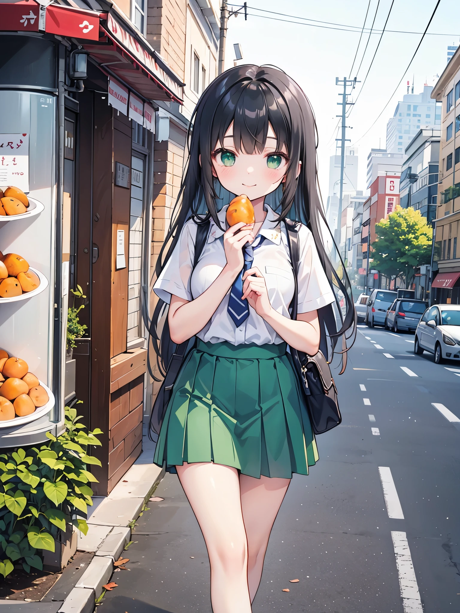 ((Best Quality, 8k, masterpiece: 1.3)),people間の女の子,１people,１peopleで,((Petite,Glamorous Body,Curvy)),cute,A smiling face as she munches on sweet potato with relish,((Long black hair)),Beautiful emerald green eyes,(((Holding a large half-eaten sweet potato in both hands while walking))),Short-sleeved dress shirt,Green tie,Green mini skirt,Scenery of the school route home from school in Japan,(((Bust Shot))),