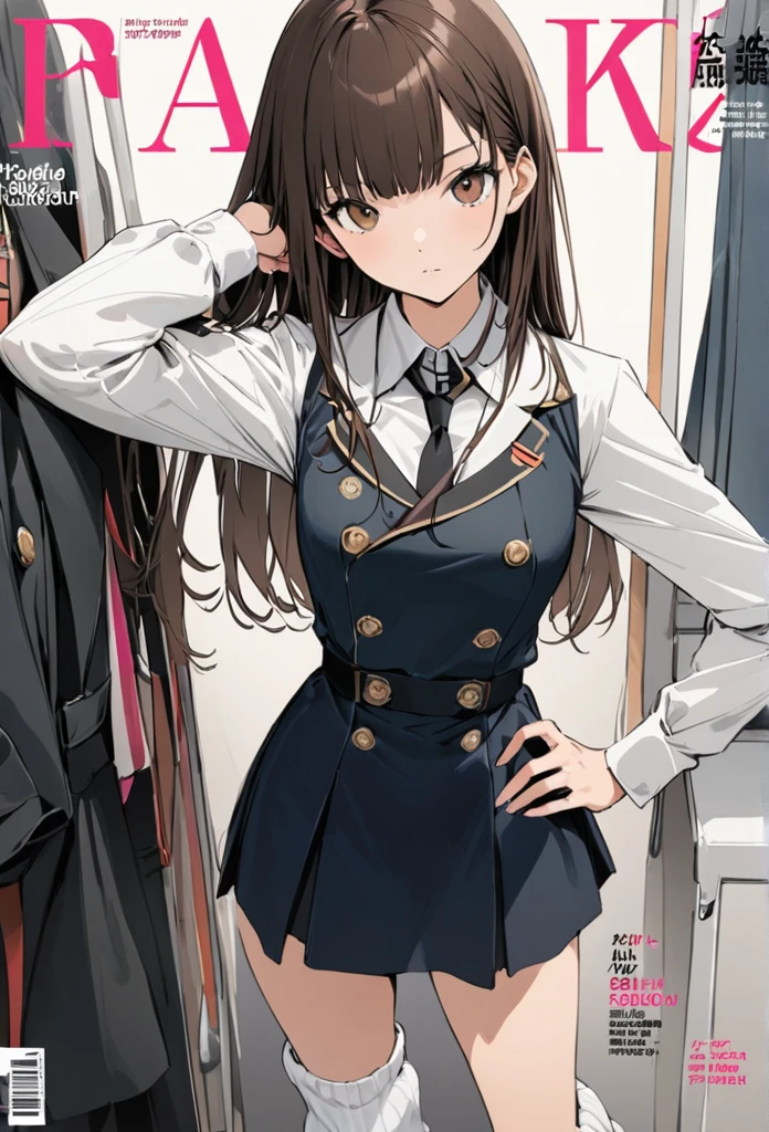 (cover of a fashion magazine),(favorite posing),(1 Highschool gal,uniform,slim,small breasts,long brown straight hair,Side bangs,Slope_eye),(loose socks),break,conceptual art, masterpiece, Super Detail, Attention to detail, high quality, highest quality, High resolution