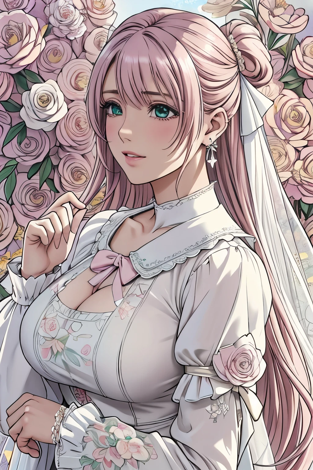 (​masterpiece, top-quality, top-quality, Official art, Beautifully Aesthetic:1.2), green eyes, (highest quality, masterpiece painting:1.3), immature woman, , (half body shot), masterpiece, ultra high resolution, (((bridal veil, lace-trimmed dress, see-through, wedding dress, outdoors, white roses, (long sleeves:1.2), pink bow,))), Decorative panel, abstract art, (shot from a side angle), (Photoreal:1.0), ((light pink hair)),straight hair, beautiful shining hair, white and shining skin, Painterly, sketch, Texture, 超A high resolution, solo, Beautuful Women, A highly detailed, (Fractal Art:1.1), (colourfull:1.1), (florals:1.6), The most detailed, (Zentangle:1.2), (Dynamic Poses), (Abstract background:1.3), (shinny skin), (Many colors:0.8), (earrings:1.4), (pluma:0.9), Taisho romance,