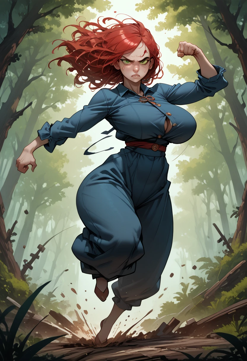 Long shot, 1 woman, dressed in a long lapel, voluptuous. Full body, war background forest destroyed, Very baggy clothing. Oversized clothing.Power pose, huge boobs, saggy tits, Defined face, green eyes, upturned nose. Long  red hair. Giant tits, enormous hips, small waist. Dodging an attack, jumping.