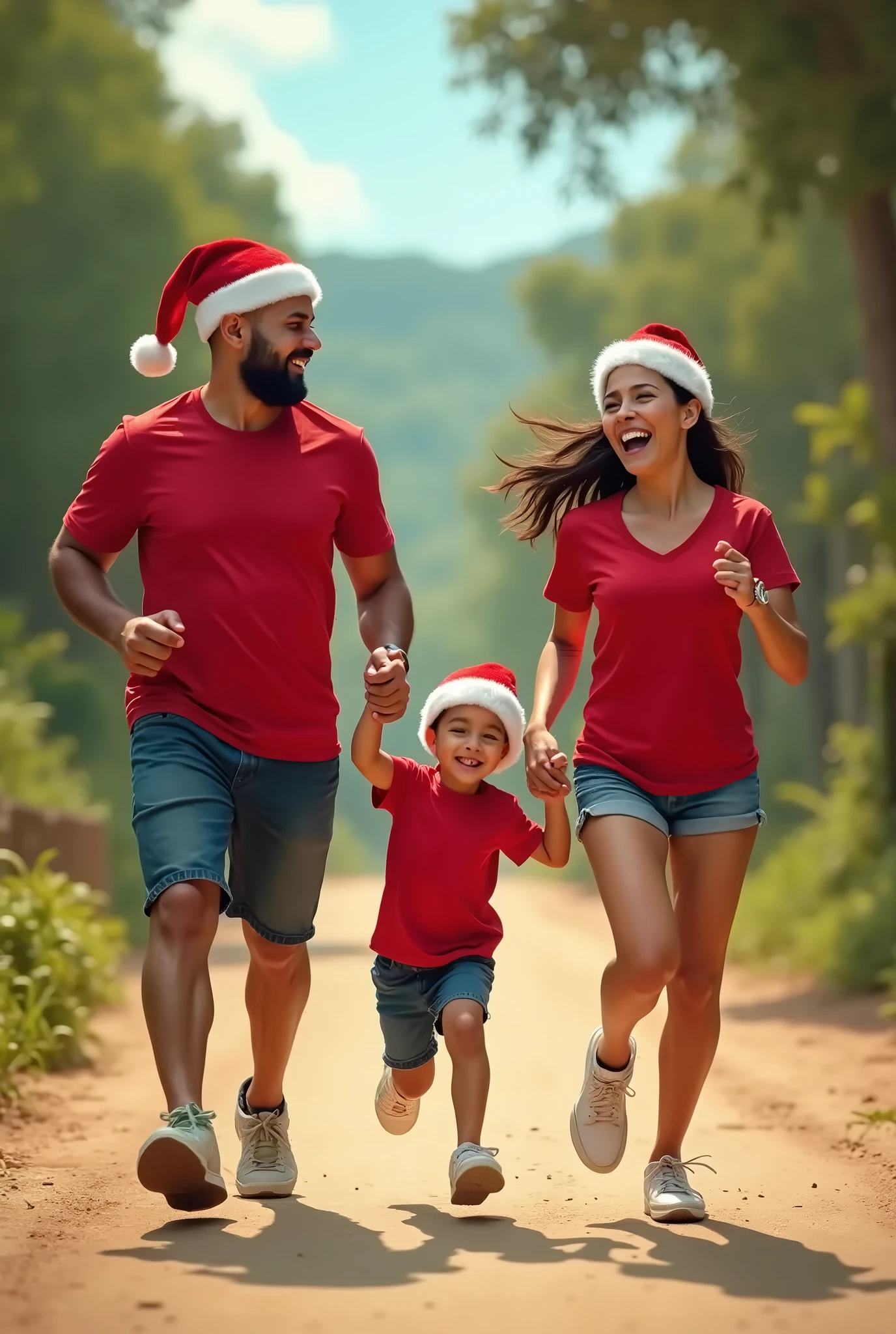 Create an image of a Brazilian family, composed by the father, mother and daughter, holding hands running a christmas race with santa hat and red shirt, happy and united. high definition. happiness. Celebrating. Sunny day. Happy family. high resolution. family with typical features of residents of Minas Gerais. 