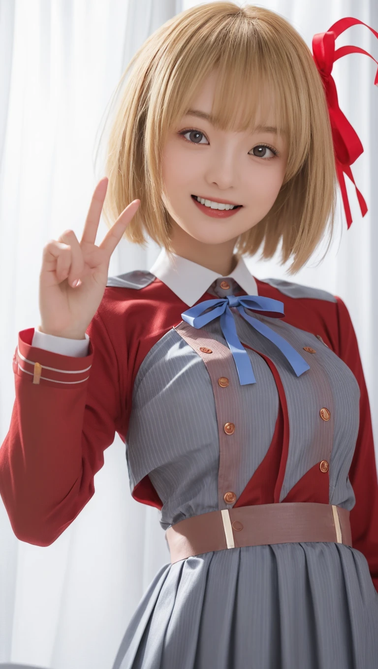 (Very detailed, CG ,Unity ,8k wallpaper),(masterpiece),(Realistic),(photoRealistic:1.2),(RAW Photos:1.2), (Highest quality:1.2), (Detailed face :1.4),(Beautiful attention to detail :1.2),(Detailed Hair),Light on the face, Large file size ,Cinema Lighting, One person,Nishikigi chisato, Red ribbon, (Uniform sake, Two-tone dress, Grey Dress, Pleated dress, belt, red belt,Neck ribbon, Blue Ribbon, Long sleeve,) smile, throw, effect,