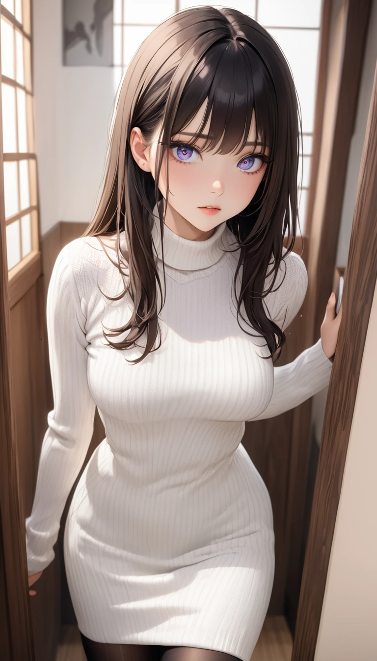 masterpiece, high resolution, beautiful woman, Korean Beauty, 30 years old, tight sports long sleeve, tight yoga pants, beautiful woman, night hotel, looking at me, (high resolution face), (high resolution eyes), (high quality eyes), black hair, purple eyes, little curvy
