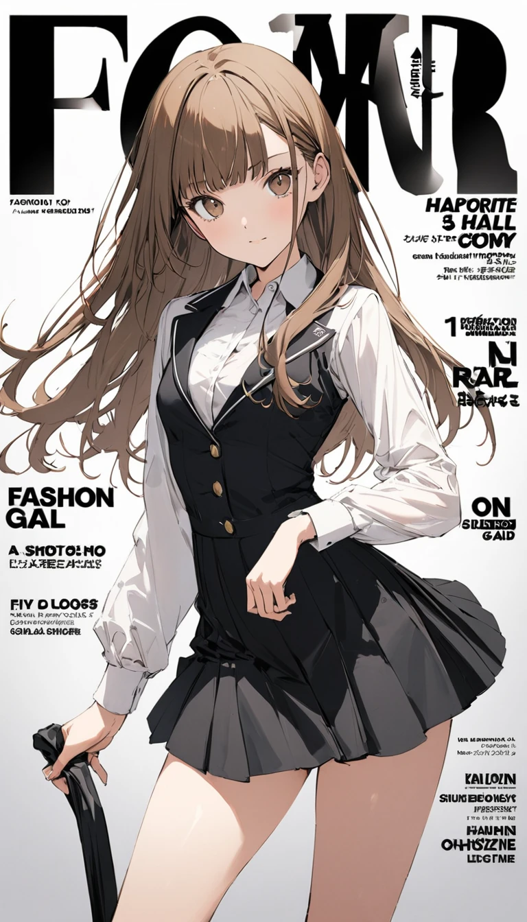 (cover of a fashion magazine),(favorite posing),(1 Highschool gal,uniform,slim,small breasts,long brown straight hair,Side bangs,Slope_eye),(loose socks),break,conceptual art, masterpiece, Super Detail, Attention to detail, high quality, highest quality, High resolution