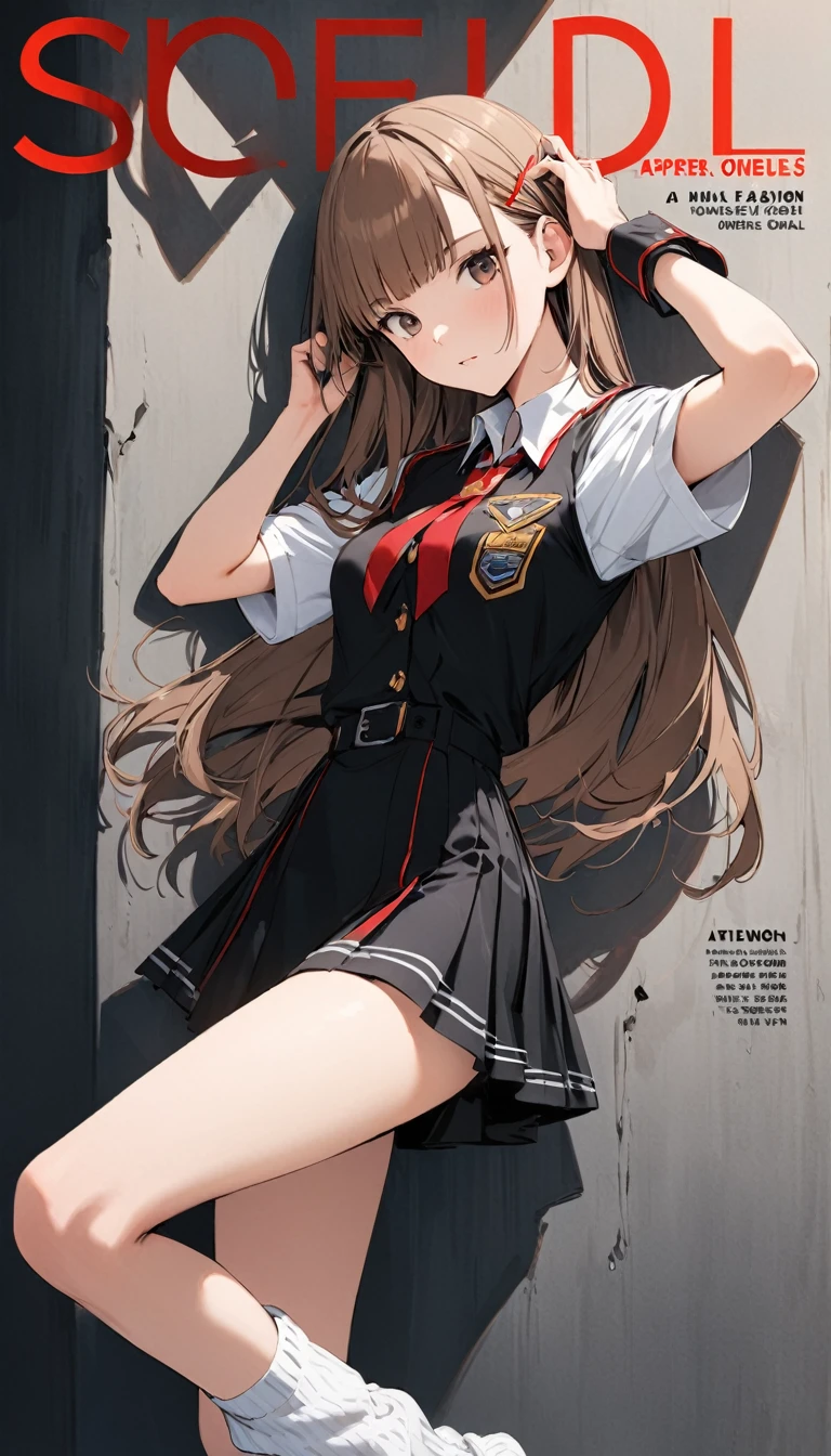 (cover of a fashion magazine),(favorite posing),(1 Highschool gal,uniform,slim,small breasts,long brown straight hair,Side bangs,Slope_eye),(loose socks),break,conceptual art, masterpiece, Super Detail, Attention to detail, high quality, highest quality, High resolution