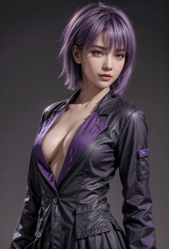 (1girl:1.3),solo,__body-parts__, official art, 8k unit wallpaper, ultra detailed, close-up on face,huge breasts, beautiful and aesthetic, gorgeous, masterpiece, best quality, fantastic atmosphere, calming palette, quiet mood, soft shading, priestess Miko, charm spell, family talisman, priestess duties, dark aesthetic, suit and tie with black leather shorts with many chains around the body and a black leather jacket,  Tokyo city in the background, (messy short purple hair),