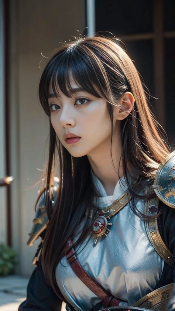 (8K, highest quality, masterpiece:1.2), (realistic:1.4), Raw photo, highest quality, ultra high resolution, best shadow, (full body:1), historical heroine, Japanese armor, samurai sword, large scale amazing environment, horror, dark horror, highly detailed facial features, beautiful and perfect face, perfect eyes