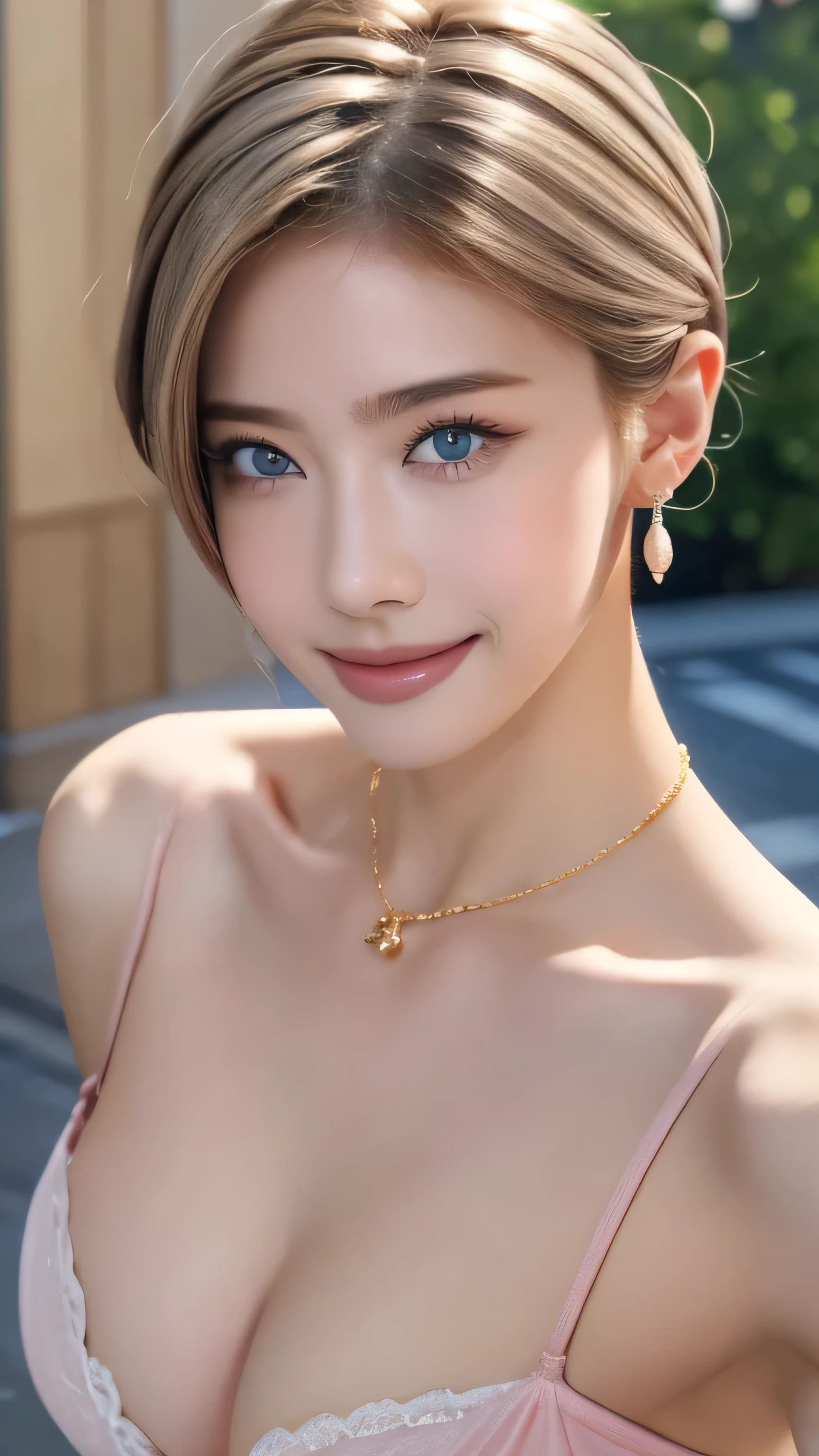 (masterpiece:1.3), (8k, Realistic, RAW Photos, Best Quality: 1.4), Japanese, (1 girl), Beautiful Face, (A vivid face), Short Bob Hair:1.3, Beautiful Hairstyles, Random hair color、Realistic eyes, Beautiful Eyes, (Realistic Skin), Beautiful Skin, charm, Ultra-high resolution, Attention to detail, Golden Ratio, Detail Makeup、Completely naked、I can see the shoulder bones、Daytime、look up、Yellow eyeshadow、Long eyelashes、Sharp Eye、Zoom Face、blue eyes、Mesh Hair Color、Moles around the mouth、Ring Earrings、Gorgeous gold necklace、Looking down from above、超Big Breasts、Big Breasts、Large Breasts、はみ出したareola:2.0、areola、美しいピンク色のareola、Beautifully detailed pink nipples:2.0、Protruding nipples、smile、Kissing Face、Pinch your nipples:2.0、Pinch your nipples with your index finger and thumb:2.0