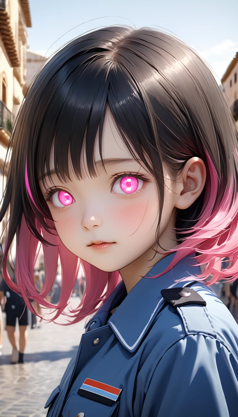 (8k, RAW photo, best quality, masterpiece:1.2), (realistic, photo-realistic:1.37), Natural, ultra high res, Super Detail, Ultra Detailed, Detailed Skin, Sharp Focus, bokeh, glossy texture, depth of field, shiny hair, shiny skin BREAK 1 girl, japanese, children, (15 yo:1.6), young, young girl, baby face, Smooth skin, Without Makeup, glowing eyes BREAK ((zhuyuan, default clothes, Police combat uniforms, blue jacket, gloves):1.3), ((multicolored hair, black hair, vivid pink hair, streaked hair):1.5), (medium breasts:1.5), ((Cityscape of Cordoba, Historical Center, Spain):1.5), ((day time, fine day):1.2), (face focus:1.7), (upper body:1.7), (portrait:1.6), (embarrassed:1.5), (looking at viewer:1.0), (perfect anatomy:1.2) BREAK (standing:1.4), BREAK