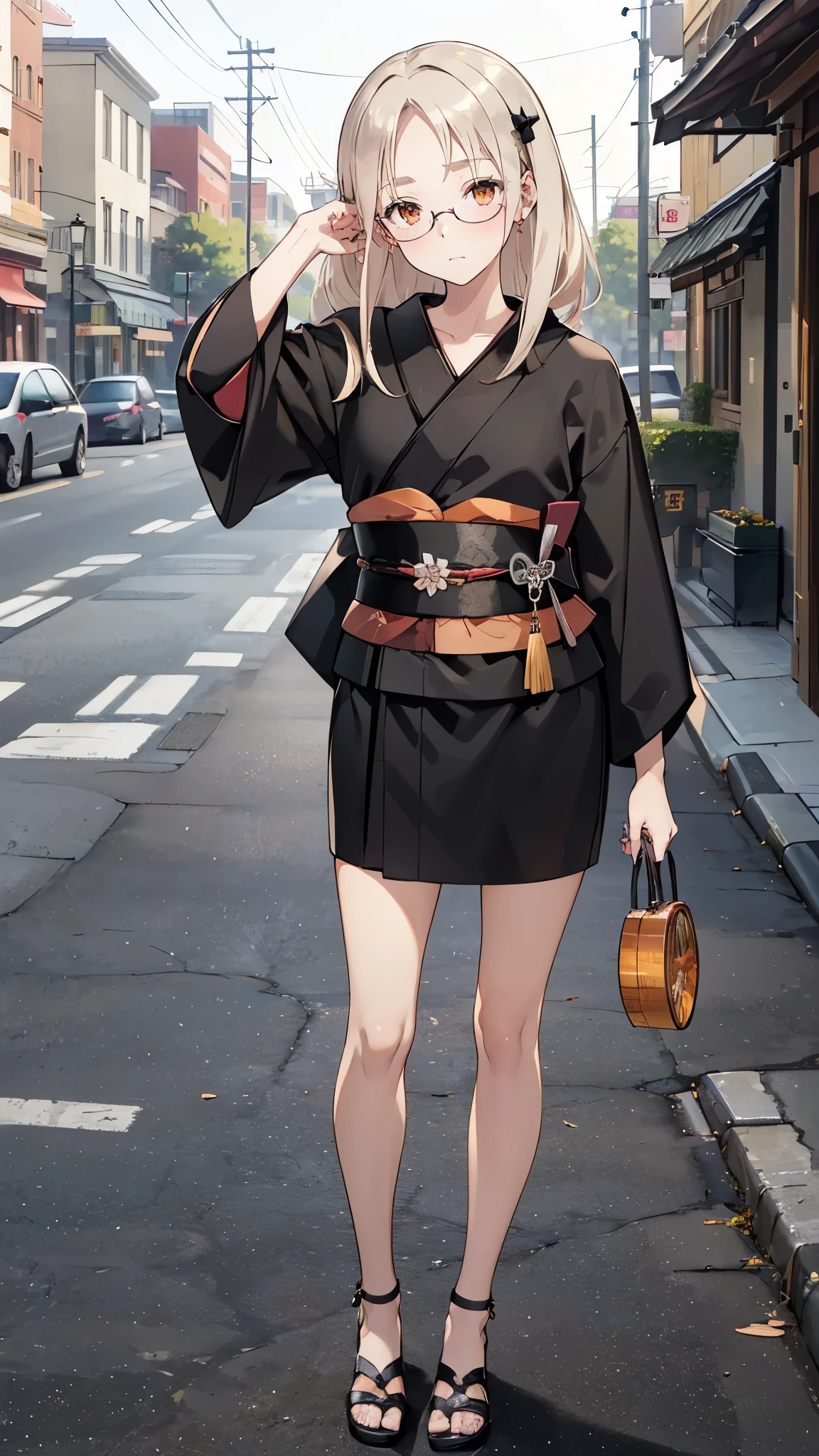 masterpiece, ultra detailed, 8k portrait, RAW photo, portrait photography, Highly detailed face, beautiful and meticulous eyes, (amber color eyes:1.5), (Glasses:1.2), (blush:1.5), (tilt one's head:1.5), (standing on the street:1.5), outdoor, (black KIMONO:1.7), cute girl, (platinum blond hair:1.5), (platinum blond colored eyelash:1.5), (medium hair:1.0), (parted bangs:1.5), (hairpin1.5), (sleepy face:1.0), young girl, 1girl, beauty girl, pretty girl, 159cm, 41kg, (skinny:1.5), 