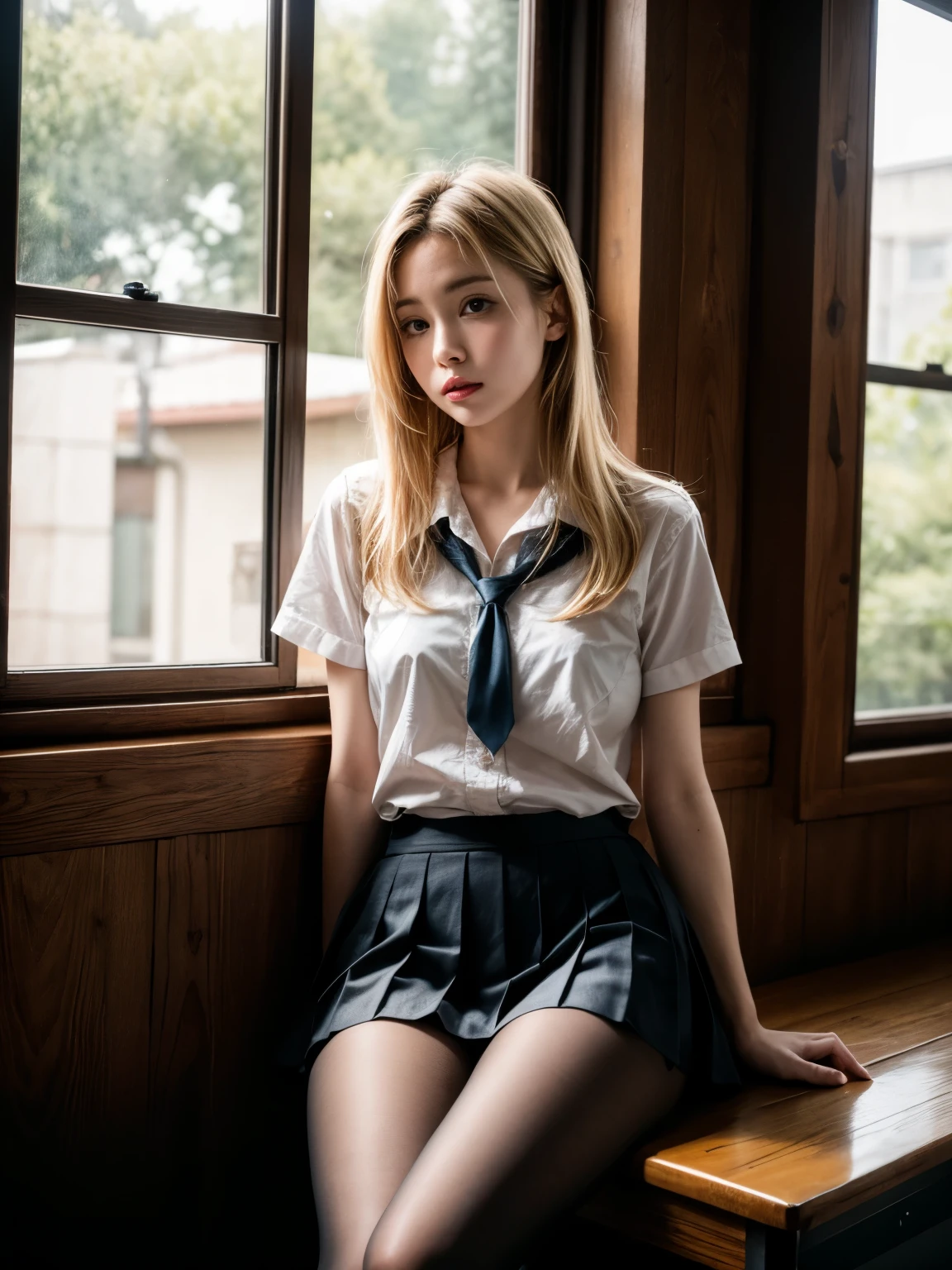 (in 8K, Raw photography, top-quality, masterpiece:1.2), 1girl in, 3D, Voluptuous body, Beautiful face, photogenic , 3D, Blazer Uniform, skirt by the、long blonde hair in curls, s lips, High school students, ((Classroom at evening))、 School uniform, Real, Photorealsitic、 shinny skin、Beautiful delicate face、Beautiful delicate eyes、pleatedskirt、Lace panties、(Sleep on the floor)、((Troubled face))、((red blush))、embarrassed from、 (Skirt lift yourself)、(Spread your legs wide)、Sitting position with bent knees、(natta)、natural soft light、Look away、Show off your pubic area