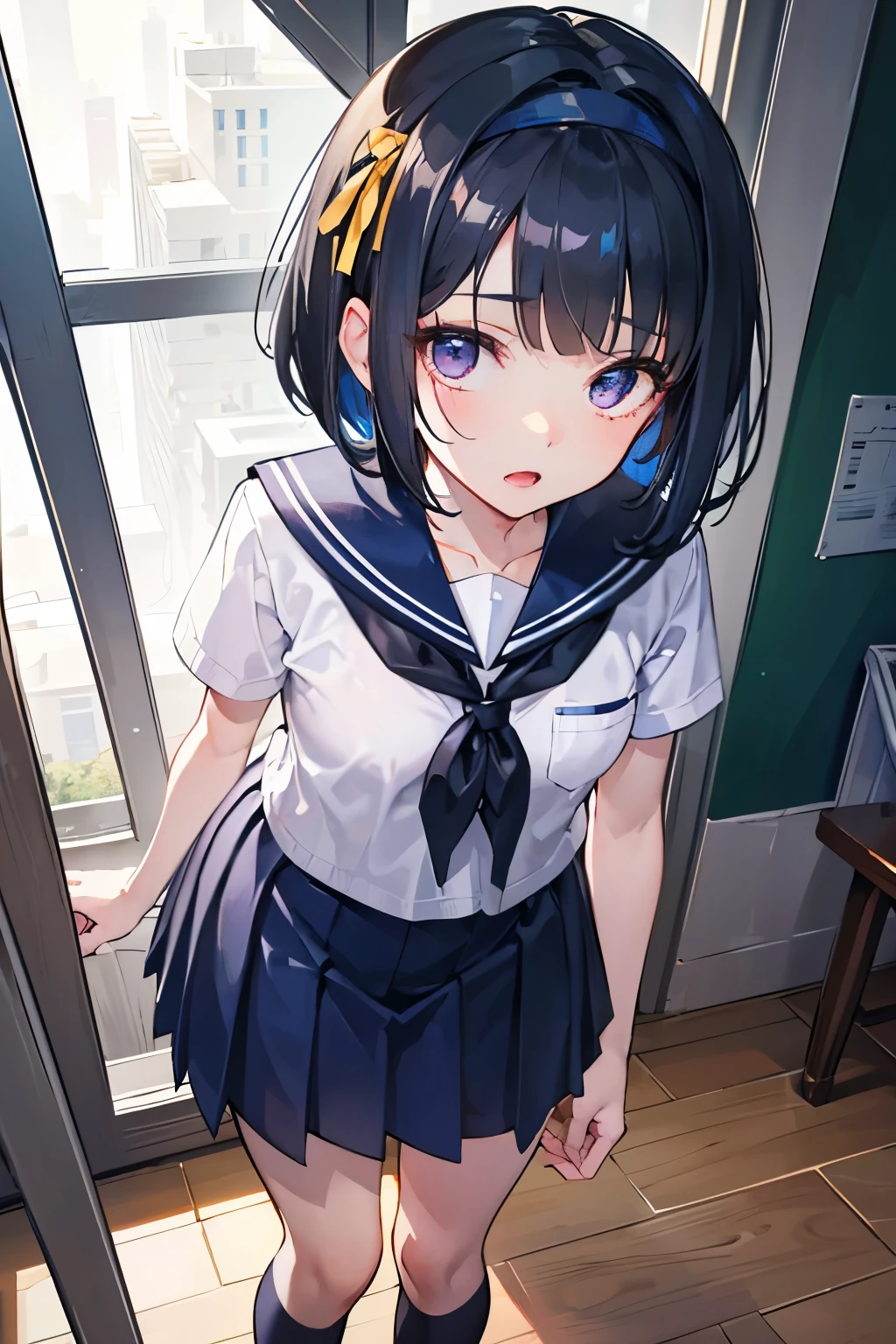 One person、Long Hair、((Young))、Black Hair、With bangs、Height 100 cm、((1st grade elementary school students))、Baby Face、Big eyes、barefoot、School、black eye、cute、Are thin、Schoolの制服、(small body)、Short legs、classroom、(small stature)、Get closer to the camera、squat、(Top View:1.6)、