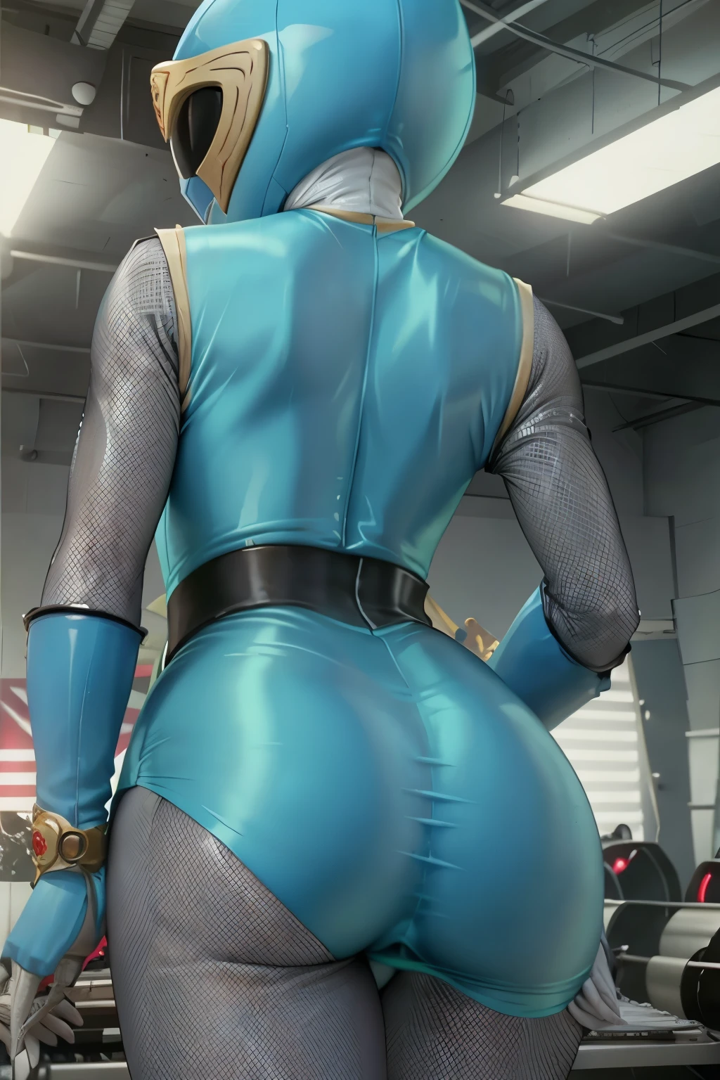 sexy power ranger, in latex blue, she has her back, perfect ass