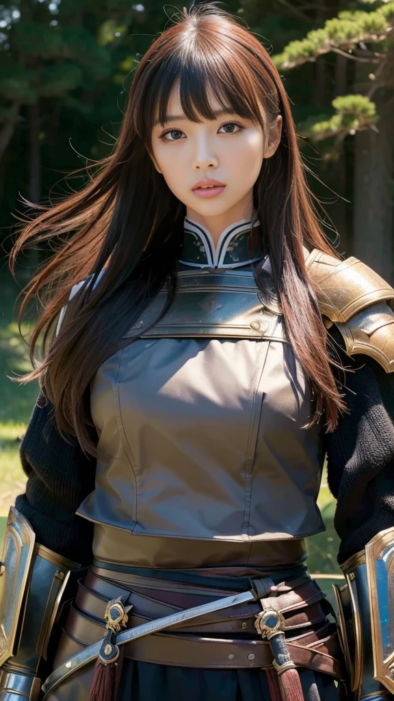 (8K, highest quality, masterpiece:1.2), (realistic:1.4), Raw photo, highest quality, ultra high resolution, best shadow, (full body:1), historical heroine, Japanese armor, samurai sword, large scale amazing environment, horror, dark horror, highly detailed facial features, beautiful and perfect face, perfect eyes