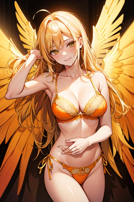 blonde, yellow hair, mint eyes, (((orange lingerie))),(((orange bra))), sexy, large breasts, sexy, beautiful body, masterpiece, smile, hotel bedroom, (((gold angel wings))),Very detailed、highest quality、Best image quality、masterpiece、8k