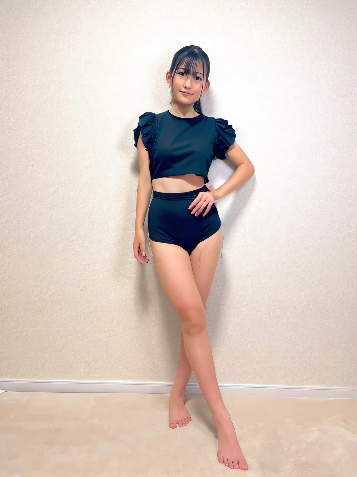 (masterpiece), (8k, best quality, high resolution), (ultra-detailed, realistic), (anatomically correct),
((from head to thighs)), (Standing), (No background),
(1woman), (looking at viewer), ((Pick up the hem of your dress so that your navel is visible)),
(A Japanese woman, 30 years old and 155cm tall),
(black hair), (straight hair), (short hair style), ((bob cut)), (hair behind ears),
(wear glasses), ((black cell frame glasses)),
((Wear a navy blue spaghetti strap dress)), ((Mini length dress with a simple design and minimal decoration)),
(wear panties), ((white panties)),
(Create a detailed image of the eye),
(Her impression is pure, clean and kind.),
((A captivating smile, just showing a few teeth.)),