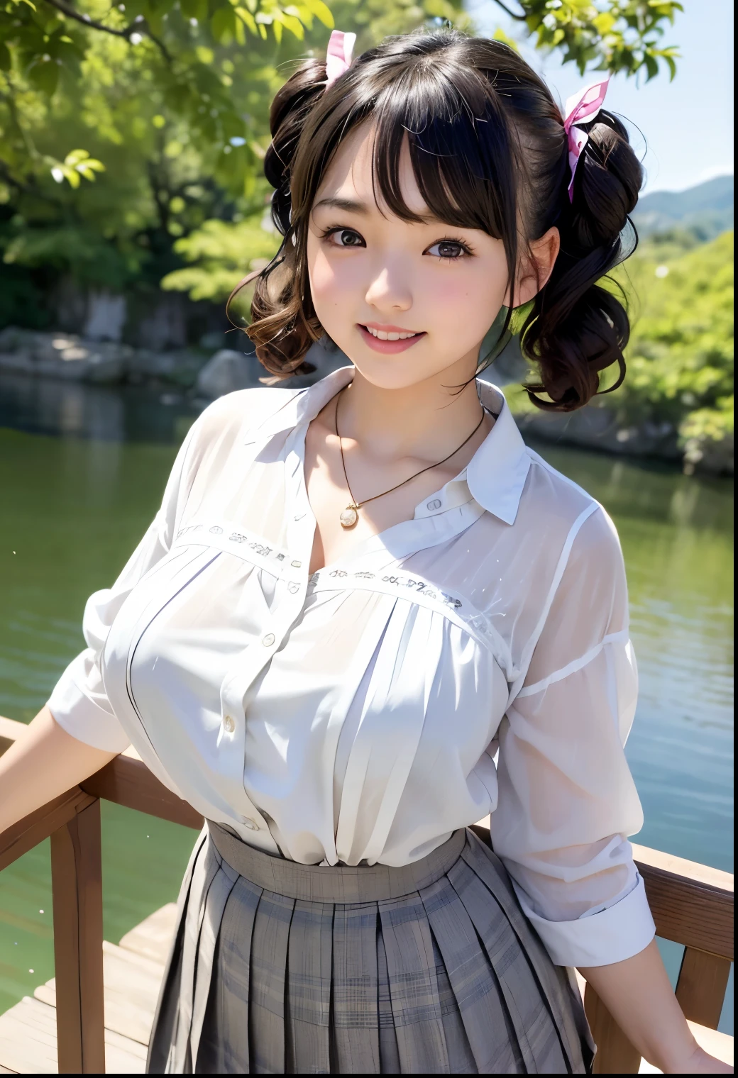 (Highest quality,masterpiece:1.3,Ultra-high resolution),(Very detailed、Caustics) (Realistic:1.4, RAW shooting、)Ultra-Realistic Capture、Very detailed、Natural skin texture、masterpiece、(A Japanese  wearing a blouse and pleated skirt:1.3)、Adorable expression、Expressions of happiness、、height: 140cm、Baby Face、Pure girl、Amute、Twin ttyle、Curly Hair、ribbon、Black Hair、Large Breasts、Shining thighs、Shining ass、necklace、Shade by the lake、Background details、smile、An inviting gaze、(Anatomically correct)、Cowboy Shot、Attention to detail、Breast lift