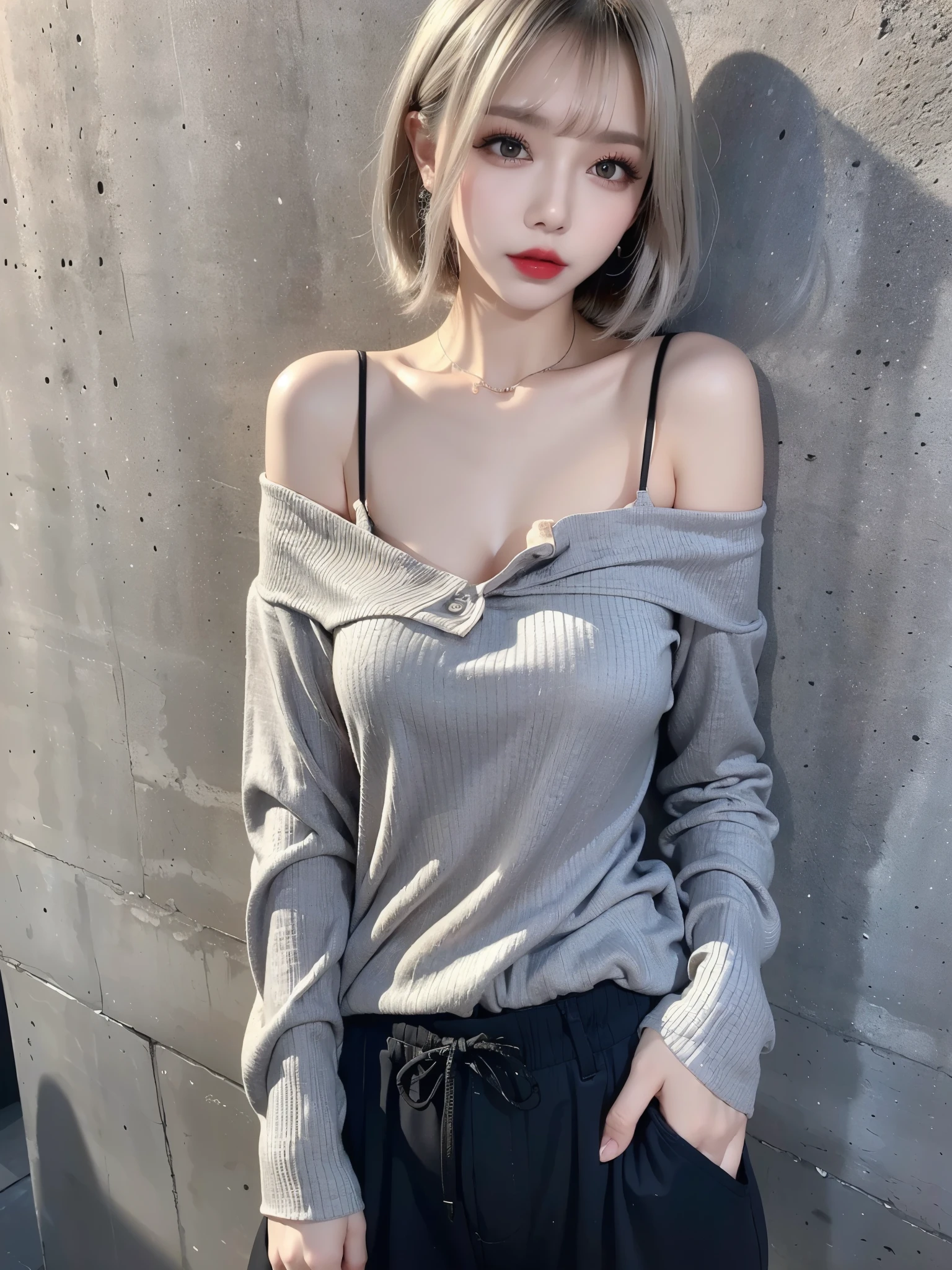 Young and attractive sexy Korean woman, 1, Cute baby face, Large Breasts,,  (Types of tops: Off-the-shoulder tops、black、Sheer long sleeves,Bottoms Type: Grey Pants、Casual fit,Hairstyle: Bob Hair、Short Hair、Inner Roll、With bangs（Bangs Style）,Hair Color: Platinum Blonde,Makeup: キラキラとしたアイMakeup、Red lips,expression: A slightly mysterious atmosphere、Calm impression,Background・Environment: Concrete wall background) 8k, RAW Photos, Best Qualitymasterpiece, Best Quality