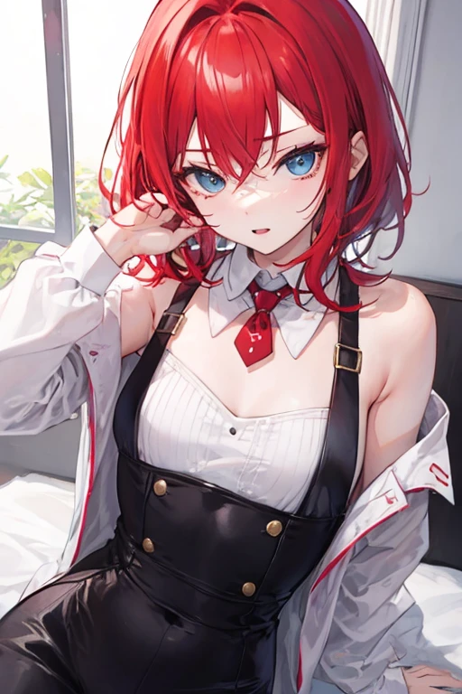 An anime girl with red hair and blue eyes wearing a skirt and an open shirt revealing a black and red bra