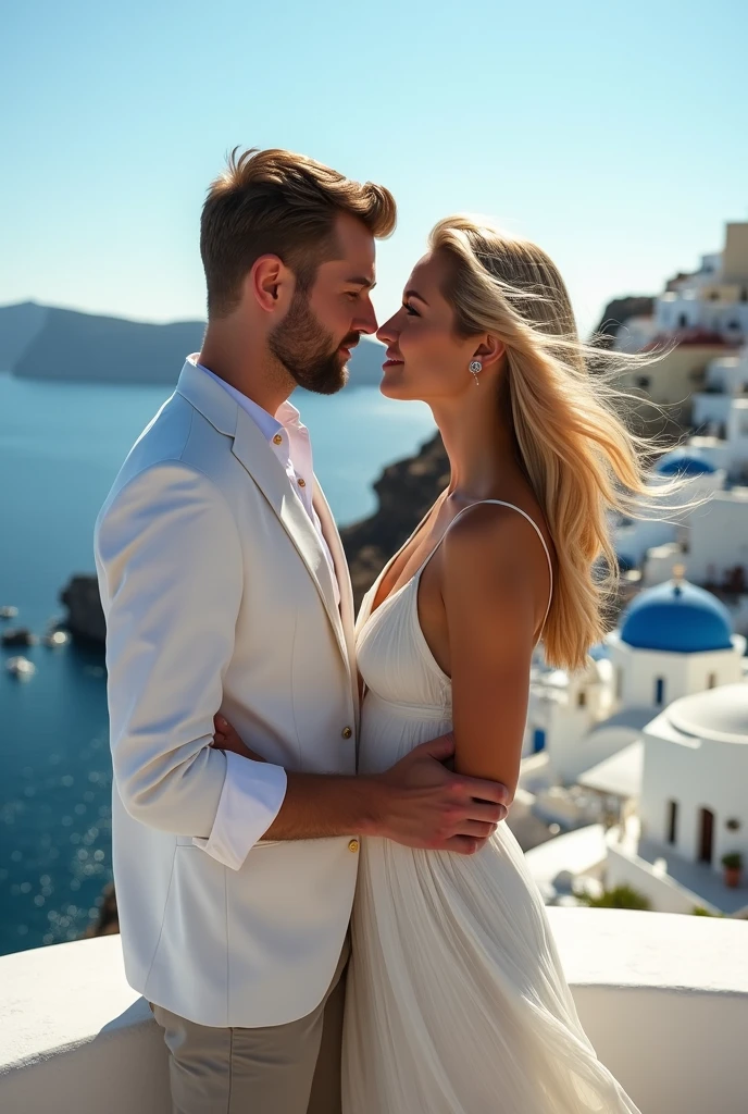 sexy handsome man, with a young pregnant blonde woman . She lowers the height of 1.90. in the background Santorini