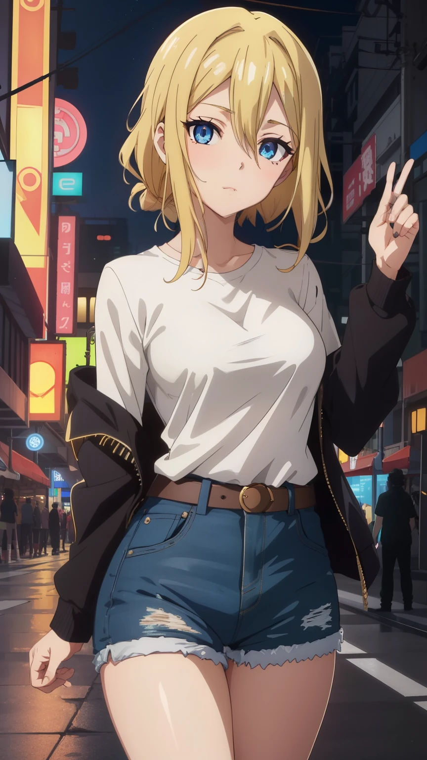 hayasaka,blonde hair, blue eyes, 1 girl,alone, hair between eyes, sparkling eyes, (silver jacket, T-shirt, shorts, cyberpunk style, night city, neon lights),
beautiful Finger,beautiful long legs,Beautiful body,beautiful character design, perfect eyes, Perfect face,expressive eyes, looking at the viewer, Appear on knees,sexy pose,in the center of the image, official art,High Definition CG Unity, Perfect lit, bright_front_face_lit,(Highest_quality:1.0),(anime coloring:1.2),Super detailed, photograph, 8K, nffsw, High resolution, absurdes:1.2, kodak portrait 400, film grain, Lens flare, (lively_Farbe:1.2) (beautiful,medium breasts:1.4), (beautiful_face:1.3),(narrow_waist),
