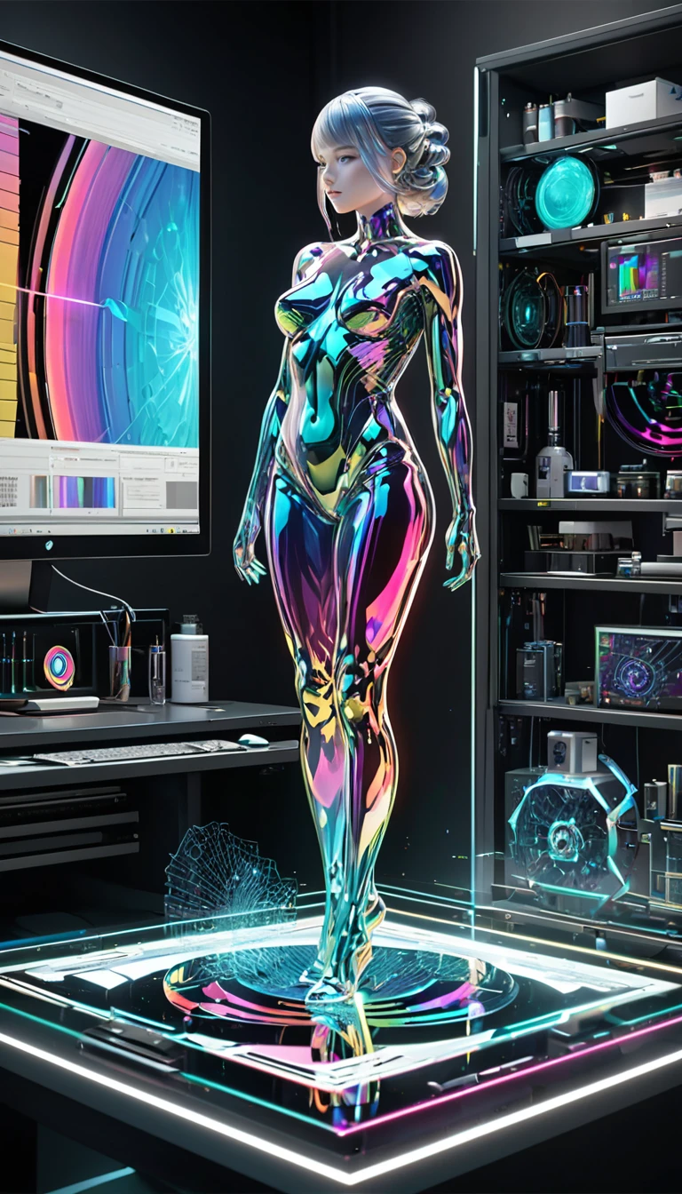 beautiful female figure, computer graphics, topology, hologram effects, prism effects, brilliant cut effects, plasma effects, transparent effects, iridescent effects, background analyzer, laboratory room, BREAK delicate dynamic texture, light and shadow contrast, 3D rendering, artistic photography, ultra-realistic, digital graphic CG, BREAK ultra-detailed, absolute resolution, highest quality