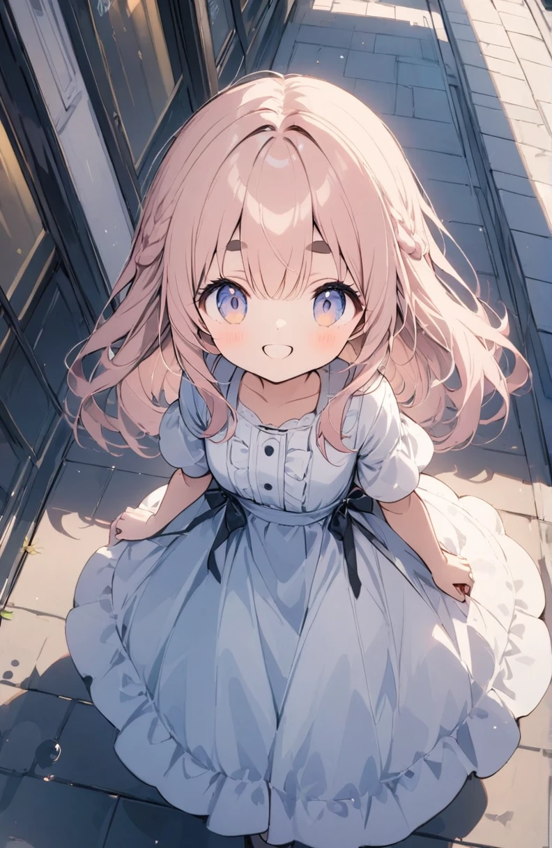 (High resolution, Attention to detail, high quality, High resolution, 最high quality, 4K, 8k, Awards)、Sheep, One girl, Pink fluffy hair, Thick eyebrows, A neat and clean dress based on white and light blue, Warm light atmosphere, Hold your hand over your forehead and smile, Look up at the sky, City sidewalk after the rain, puddle