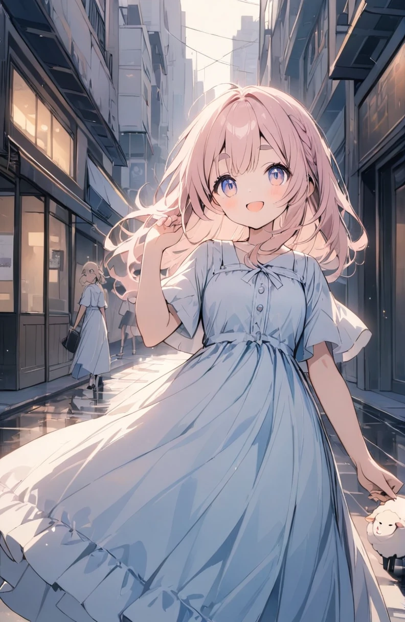 (High resolution, Attention to detail, high quality, High resolution, 最high quality, 4K, 8k, Awards)、Sheep, One girl, Pink fluffy hair, Thick eyebrows, A neat and clean dress based on white and light blue, Warm light atmosphere, Hold your hand over your forehead and smile, Look up at the sky, City sidewalk after the rain, puddle