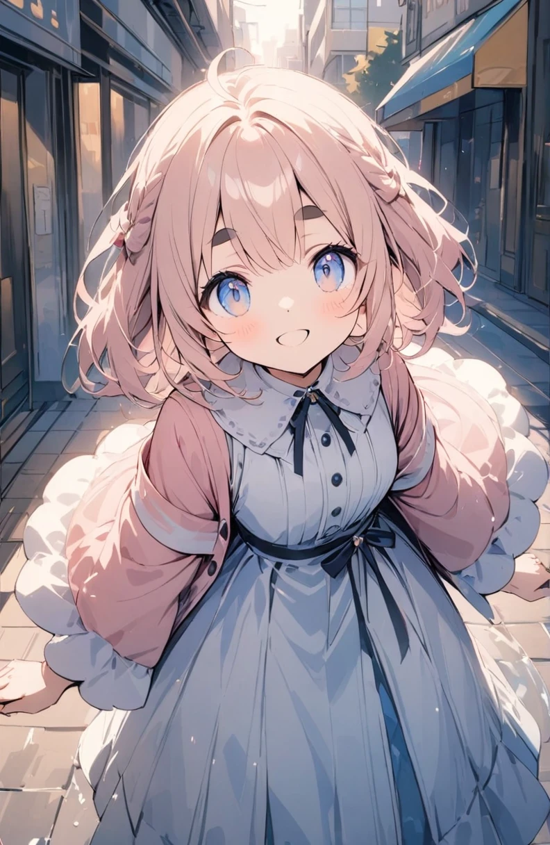 (High resolution, Attention to detail, high quality, High resolution, 最high quality, 4K, 8k, Awards)、Sheep, One girl, Pink fluffy hair, Thick eyebrows, A neat and clean dress based on white and light blue, Warm light atmosphere, Hold your hand over your forehead and smile, Look up at the sky, City sidewalk after the rain, puddle