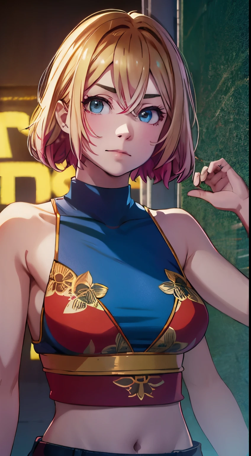 young girl,multcolored hair, Hairpin with a bundle, turquoise eyes, Yakuza tattoos, red tight uniform, Sleeveless, Wide neckline on the chest to the abdomen, Gold Elements, Red gold armor, Shorts, claws, smirk, Masterpiece, hiquality, 4k, HD, Good detail