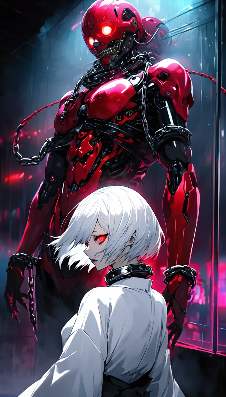 to-ka( tokyo ghoul ), ishida sui, water color, amazing, detailed glowing red eyes, red clothes, half cyborg body, studio lighting, cyberpunk, young girl, white hair, red eyes, cyborg mask, killer machine, foggy atsmophere, Toyko Ghoul, BREAK Highest Quality, Highest Resolution, Detailed and crisp image quality, Super Retina, Adult sex appeal, melancholy, Feeling of weakness, Detailed and complex, Colorful, Transparent full color coating, Light and Dark, High Contrast, aesthetic, Full Body Shot, dynamic pose, 16K((ultra-detailed)), (humid room), (chained attaching to collar:1.2), extreme detailed, colorful, highest detailed, depth of field, from behind, waki kimono odori