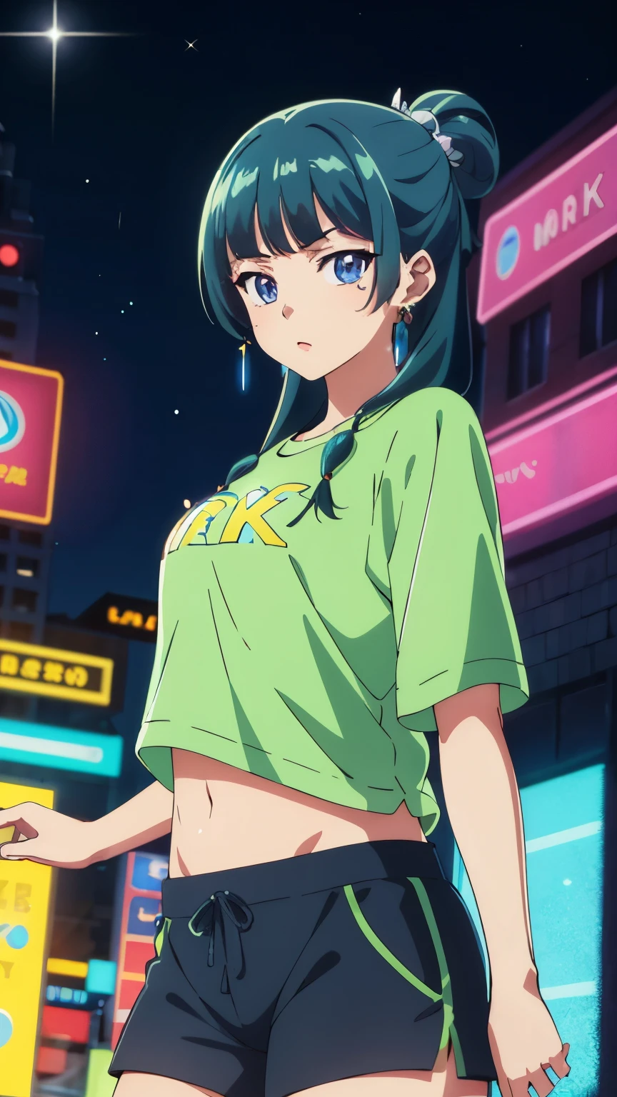 Top quality, (8k, high resolution, masterpiece: 1.2),(anime coloring), super detailed, anime art style, dynamic angle, (silver jacket, T-shirt, shorts, cyberpunk style, night city, neon lights), detailed green hair, detailed blue eyes, intricate hairstyle, long hair , slim body, sparkling eyes, youthful, hair accessories, earrings, half-updo, slightly dull bangs, detailed lighting, bright colors, looking at the viewer, in the center of the image, cowboy shot,