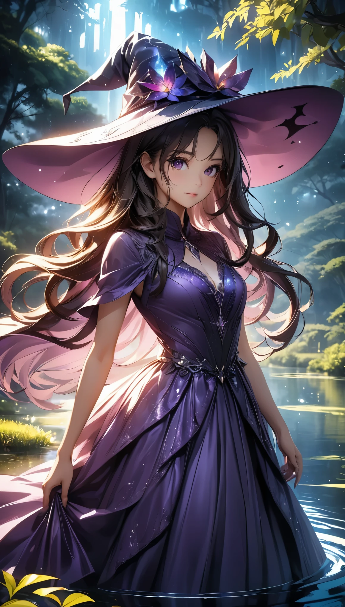 (Best Quality:1.2, Very detailed, Anime Style, Detailed CG illustration, Ultra-high resolution, High Contrast, masterpiece:1.2, Best aesthetics), (1 girl), A beautiful dark-haired witch in a purple dress, Witch Hat, Sparkling magic effect, Standing in lush gardens beside a serene lake, Captivating aura, Dramatic lighting, Graceful, elegant, Cinematic, Intricate details, Very detailed, Dramatic lighting, Shining Eyes, Detailed facial features, Flowing Hair, Glamorous Dress, Mysterious atmosphere, Lush foliage, Lake Reflection, Dramatic Colors, Deep purple shade, Magical realism.