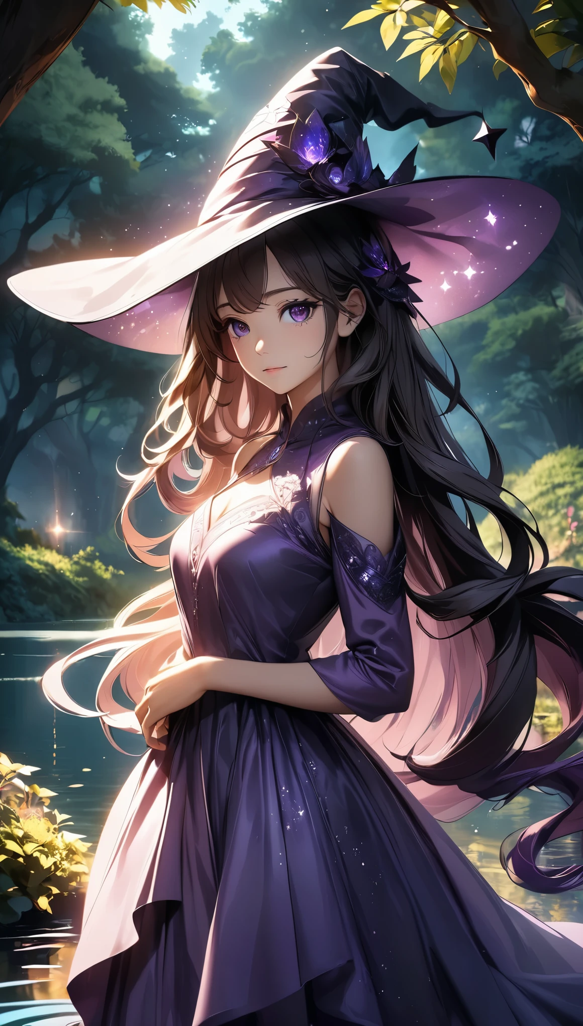 (Best Quality:1.2, Very detailed, Anime Style, Detailed CG illustration, Ultra-high resolution, High Contrast, masterpiece:1.2, Best aesthetics), (1 girl), A beautiful dark-haired witch in a purple dress, Witch Hat, Sparkling magic effect, Standing in lush gardens beside a serene lake, Captivating aura, Dramatic lighting, Graceful, elegant, Cinematic, Intricate details, Very detailed, Dramatic lighting, Shining Eyes, Detailed facial features, Flowing Hair, Glamorous Dress, Mysterious atmosphere, Lush foliage, Lake Reflection, Dramatic Colors, Deep purple shade, Magical realism.