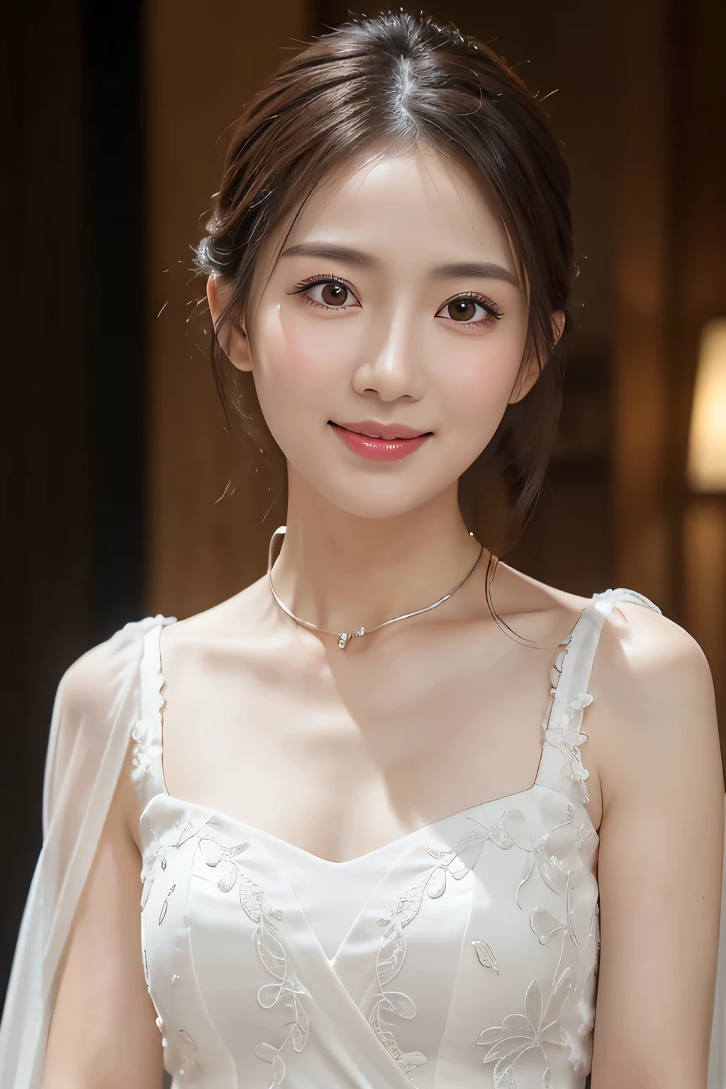 (1girl), very cute, Amazing face and eyes, (extremely detailed beautiful face), calm expression, (smile of happiness), makeup, (Best Quality:1.4), (Ultra-detailed), (Ultra realistic, photo-realistic:1.37), (sheer delicate lacy bra:1.4), (fascinating big breasts:1.6), beautiful and radiant fair skin, (earrings, necklace), raw photos, very nice photo, extremely detailed CG unified 8k wallpaper, raw photos, professional photograpy, cinematic lighting, ((Bokeh)), depth of fields, view from side, A scene from an underwear commercial