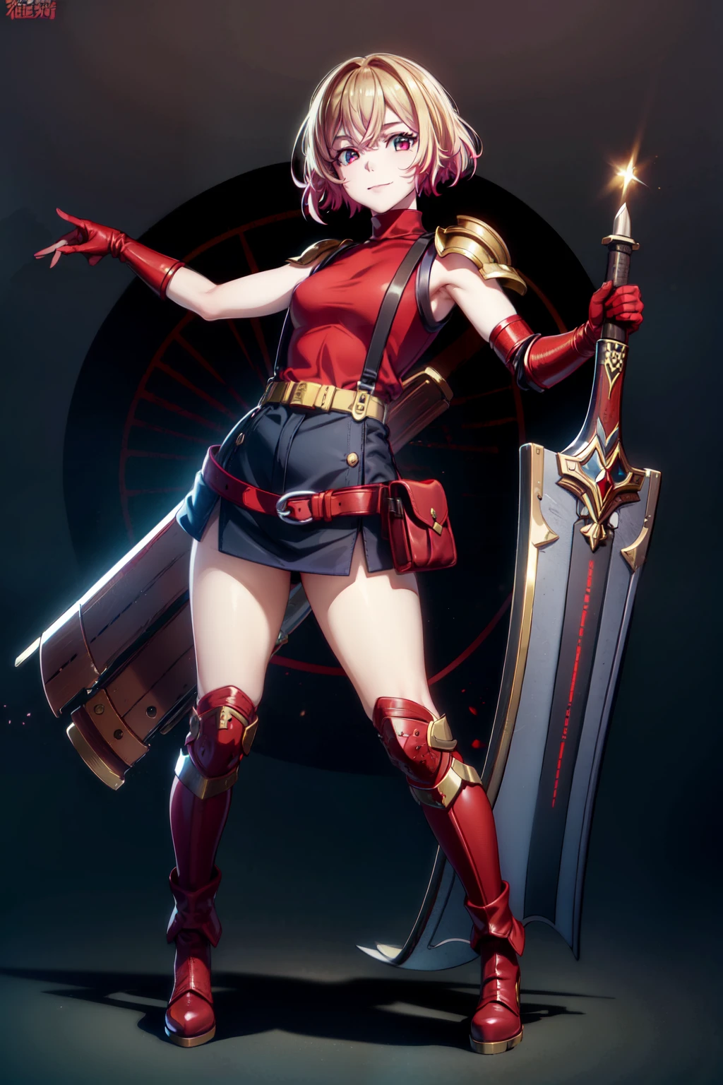 (masterpiece, best quality:1.2), red glowing eyes, red eyes, the eyes are red, perfect face, , strong make up, highres, 1 girl, solo, make up, (female:1.5), strife, multcolored hair, shoulder armor, sleeveless turtleneck, suspenders, belt, gloves, bracer, evil smile, standing, portrait, looking at viewer, giant sword on the back, long leather boots, fullbody shot