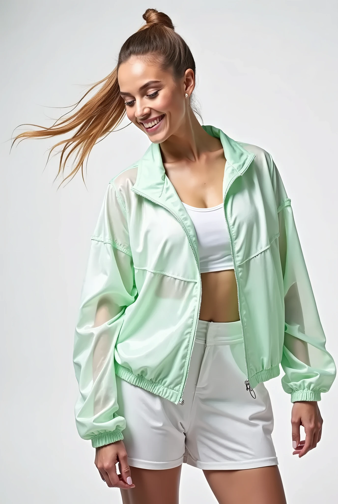 a woman in a purple jaket and leggings stands in Front oF a white background, purple jaket, sports clothes, sports clothes, purple raincoat, jaket, sports jaket, sweat, she is wearing a wet coat, F / 2 0, wētā fx, wearing translucent sheet, a purple suit jaket, with two Front pockets, motivational