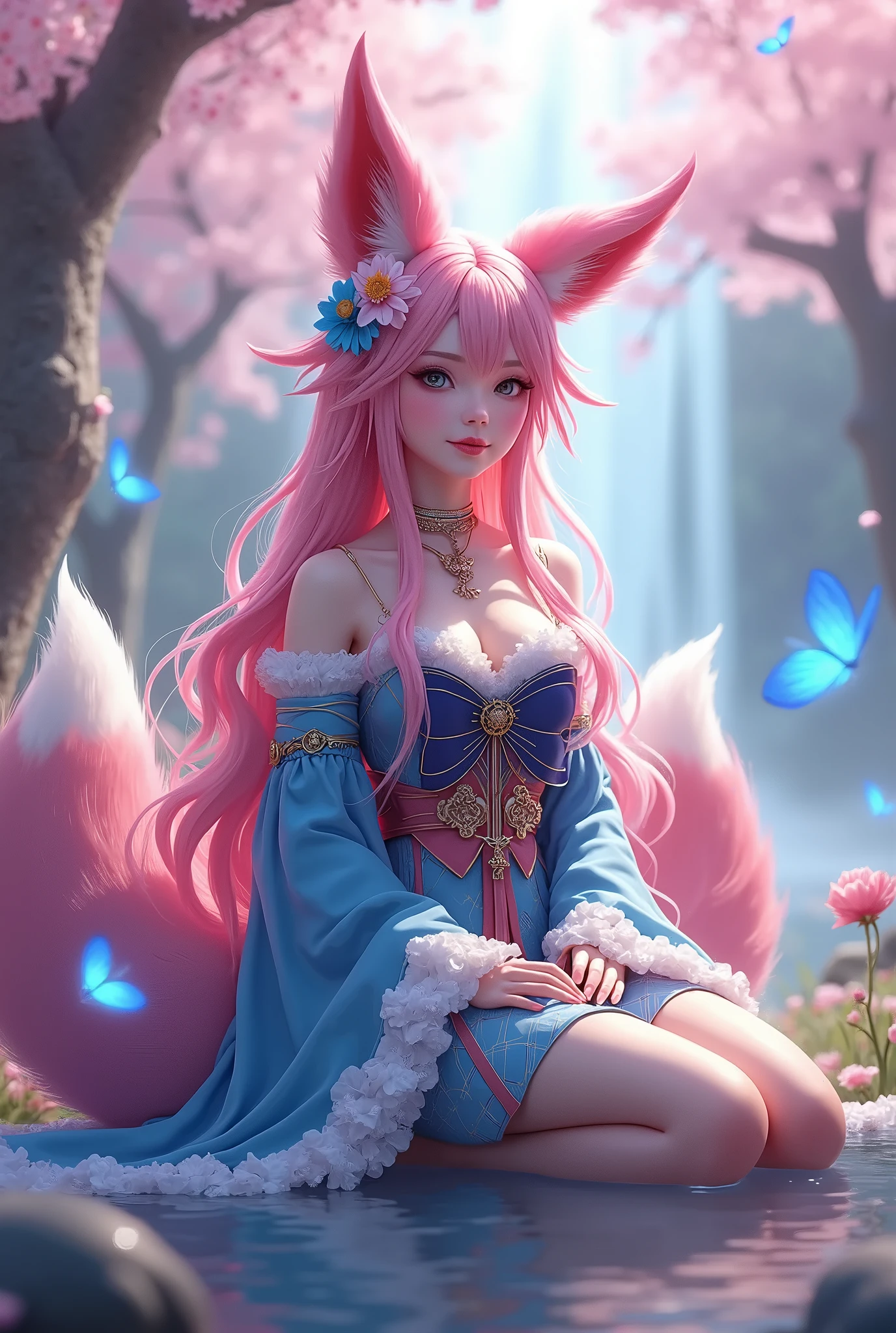 A mystical female figure with long, flowing pink hair and fox-like ears poses gracefully in a serene water setting. She wears an ornate, light blue kimono adorned with a colorful bow at her chest. Surrounding her are vibrant cherry blossom trees and ethereal, translucent creatures, adding to the dreamlike atmosphere. The background features a waterfall cascading softly, with petals floating gently in the air, creating an enchanting and tranquil scene.