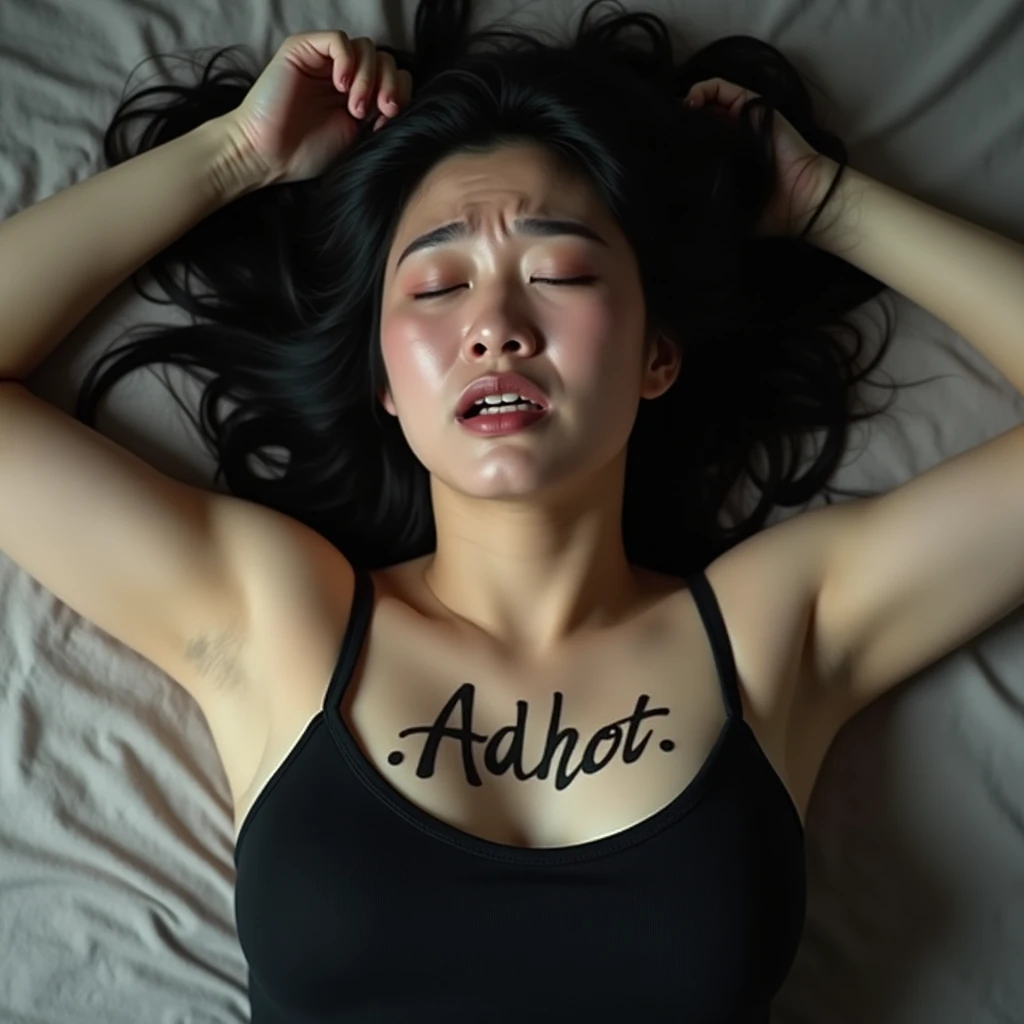 A young French woman laying in bed screaming with the word (SLUT) tattooed on her chest 