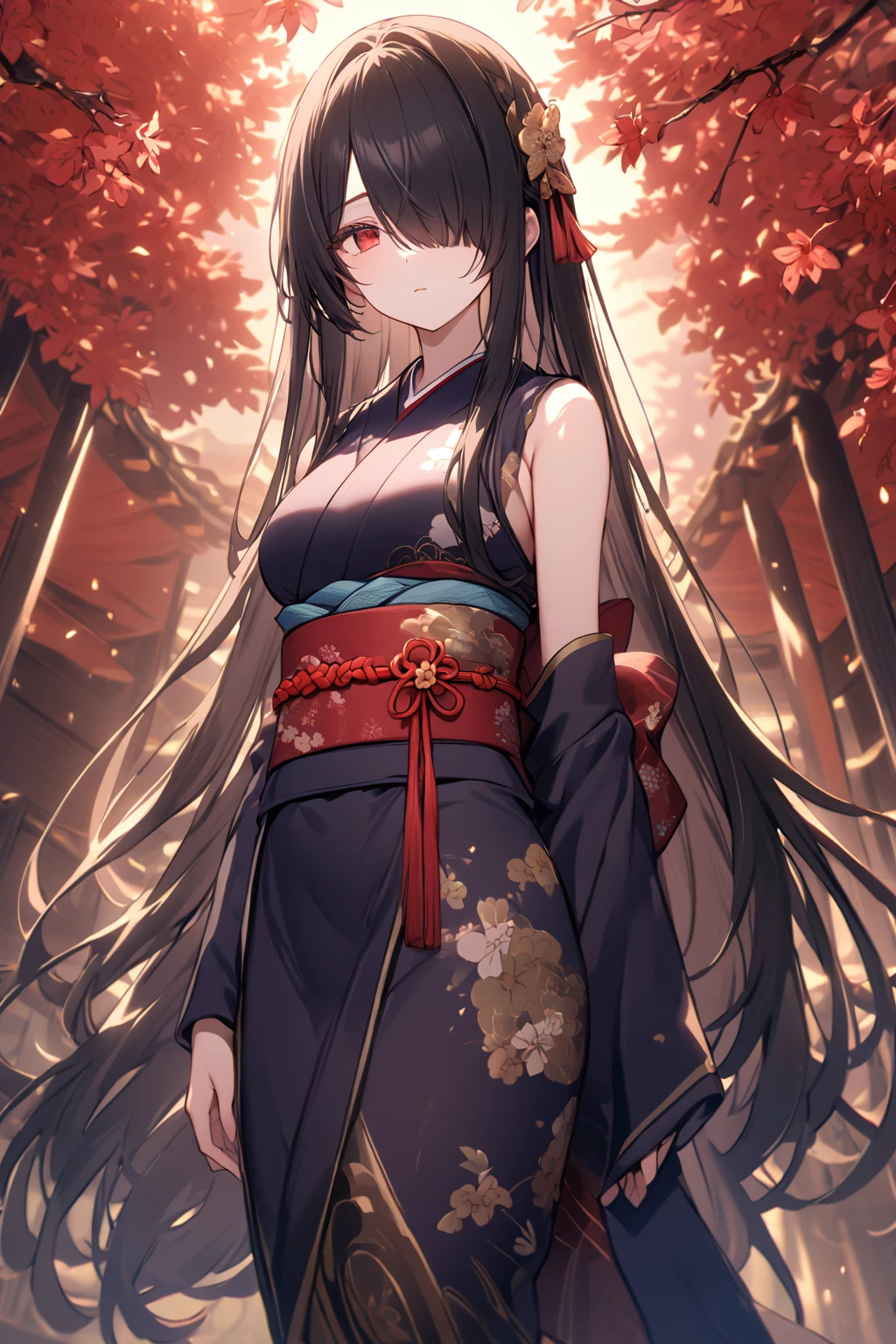 Eye Level Shot, Full-Body, 1girl, Solo, Looking at viewer, Shy, Cute, Red Eyes, Empty Eyes, Expressionless Eyes, Black Hair, Very Long Hair, Straight Hair, ((Hair Over One Eye, Swept Bangs:1.5)), Petite, good_hands, Large breasts, Pale Skinned, Slender, Curvy, ninja, sleeveless, obi, japanese clothes, Standing, Japanese Background, Cinematic Lighting, Masterpiece, 4K, Best Quality, High Resolution, Accurate, Award Winning, (SuperQuality:1.0) ~ (SuperQuality:1.2)