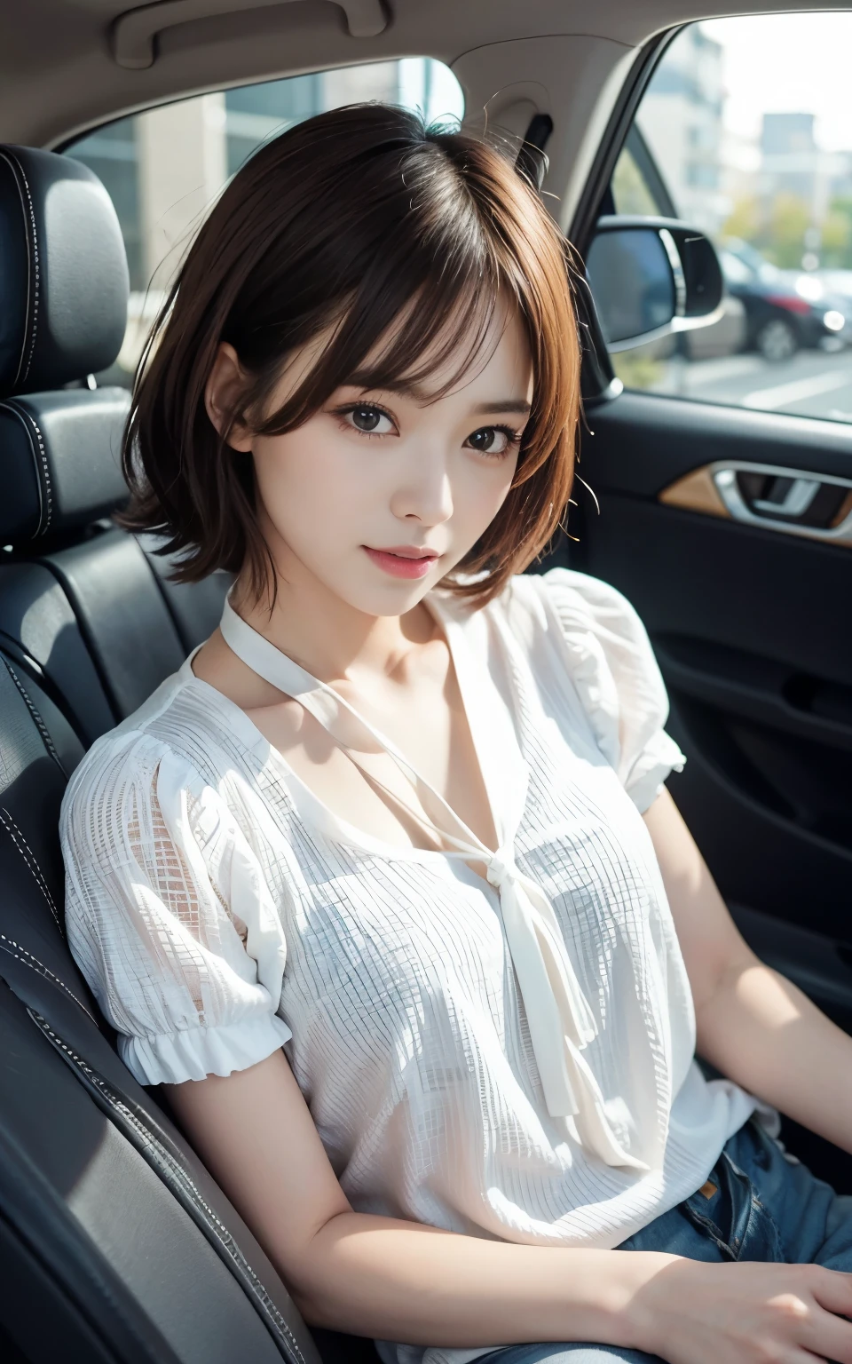 (masterpiece),(highest quality:1.0), (Ultra-high resolution:1.0), detailed, One Girl, Golden Hour, detailed beautiful skin, (Sitting in a car), detailed eyes