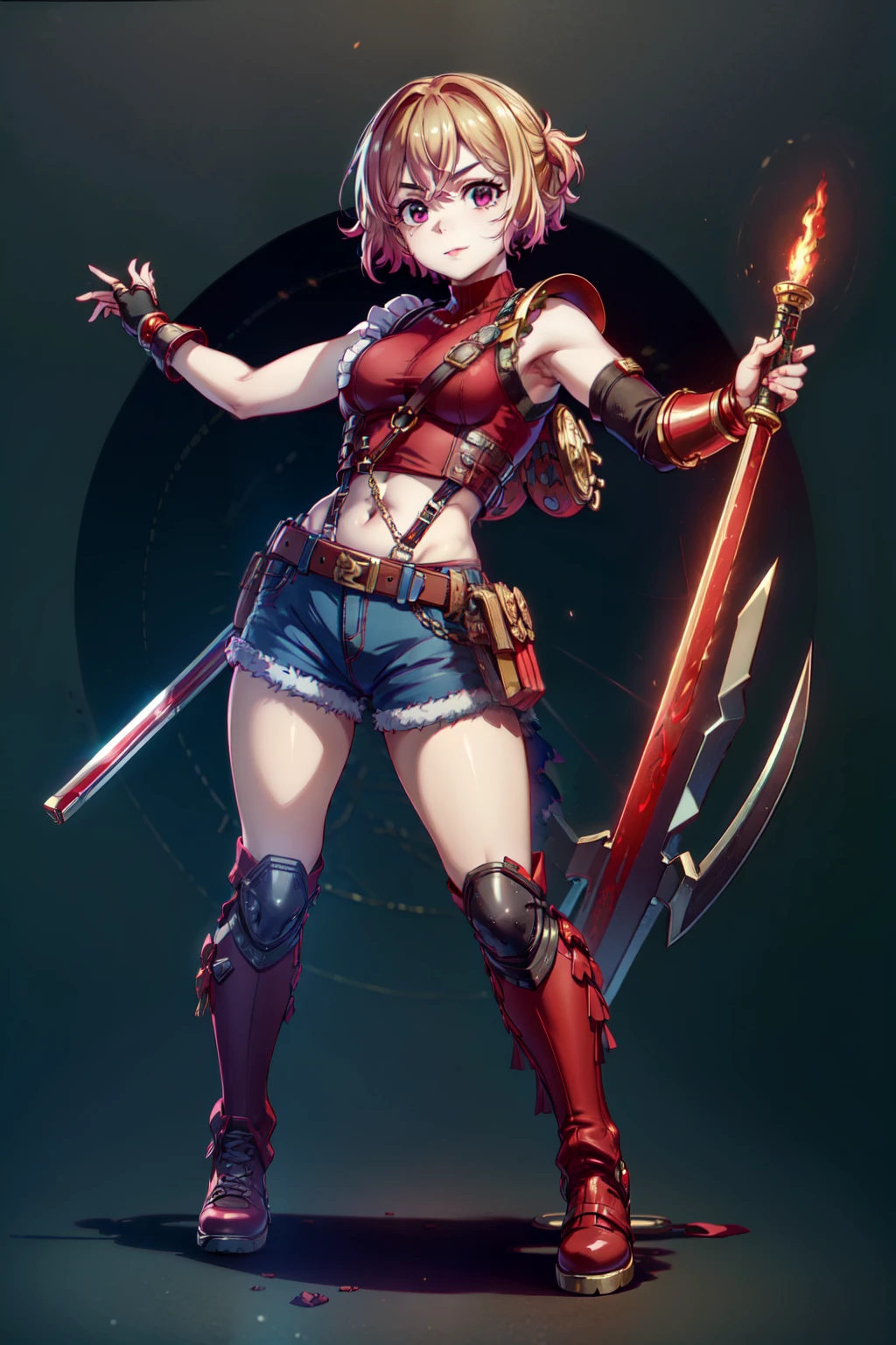 (masterpiece, best quality:1.2), red glowing eyes, red eyes, the eyes are red, perfect face, , strong make up, highres, 1 girl, solo, make up, (female:1.5), strife, multcolored hair, shoulder armor, sleeveless turtleneck, suspenders, belt, gloves, bracer, evil smile, standing, portrait, looking at viewer, giant sword on the back, long leather boots, fullbody shot